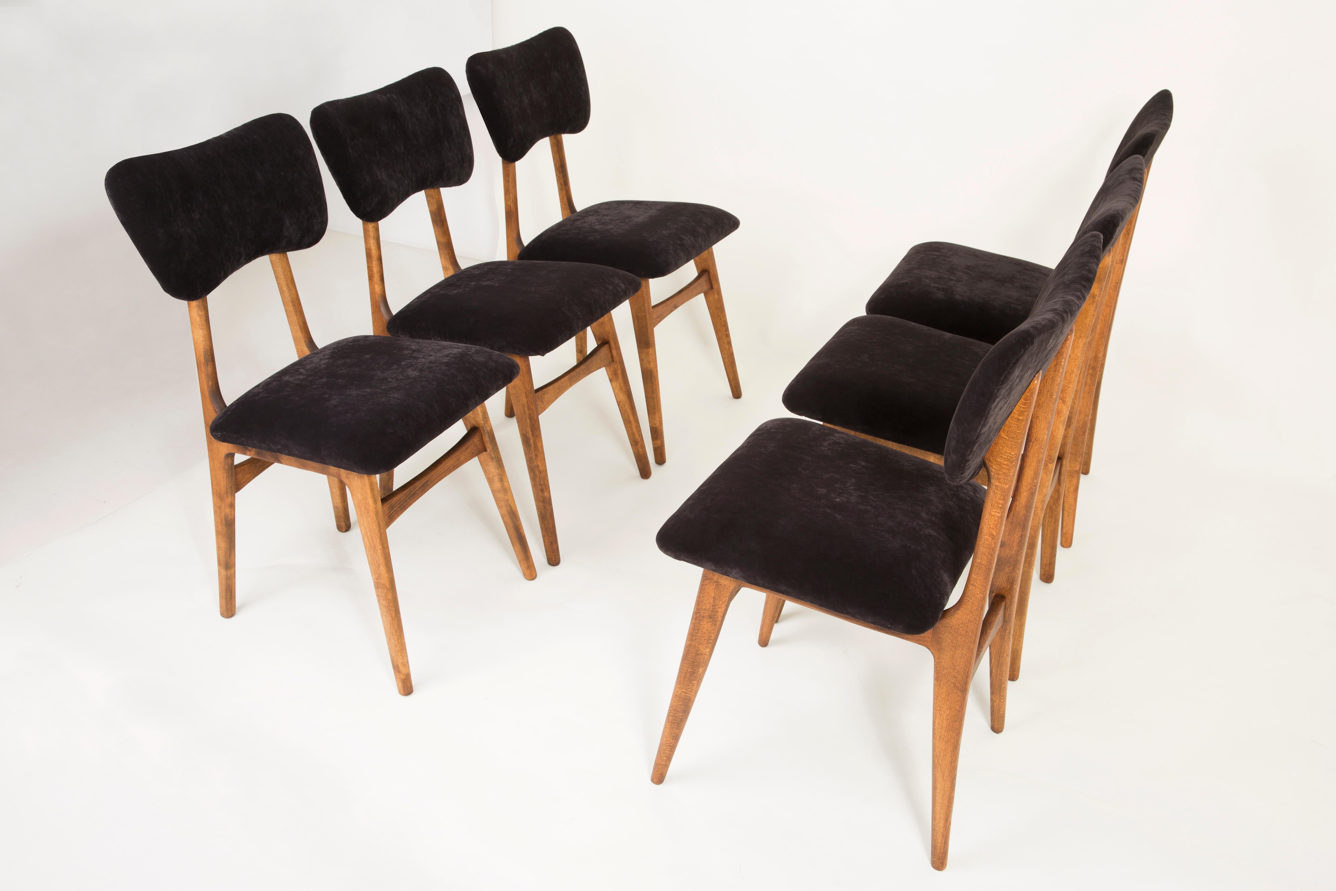 Hand-Crafted Set of Six 20th Century Black Velvet Chairs, Europe, 1960s For Sale
