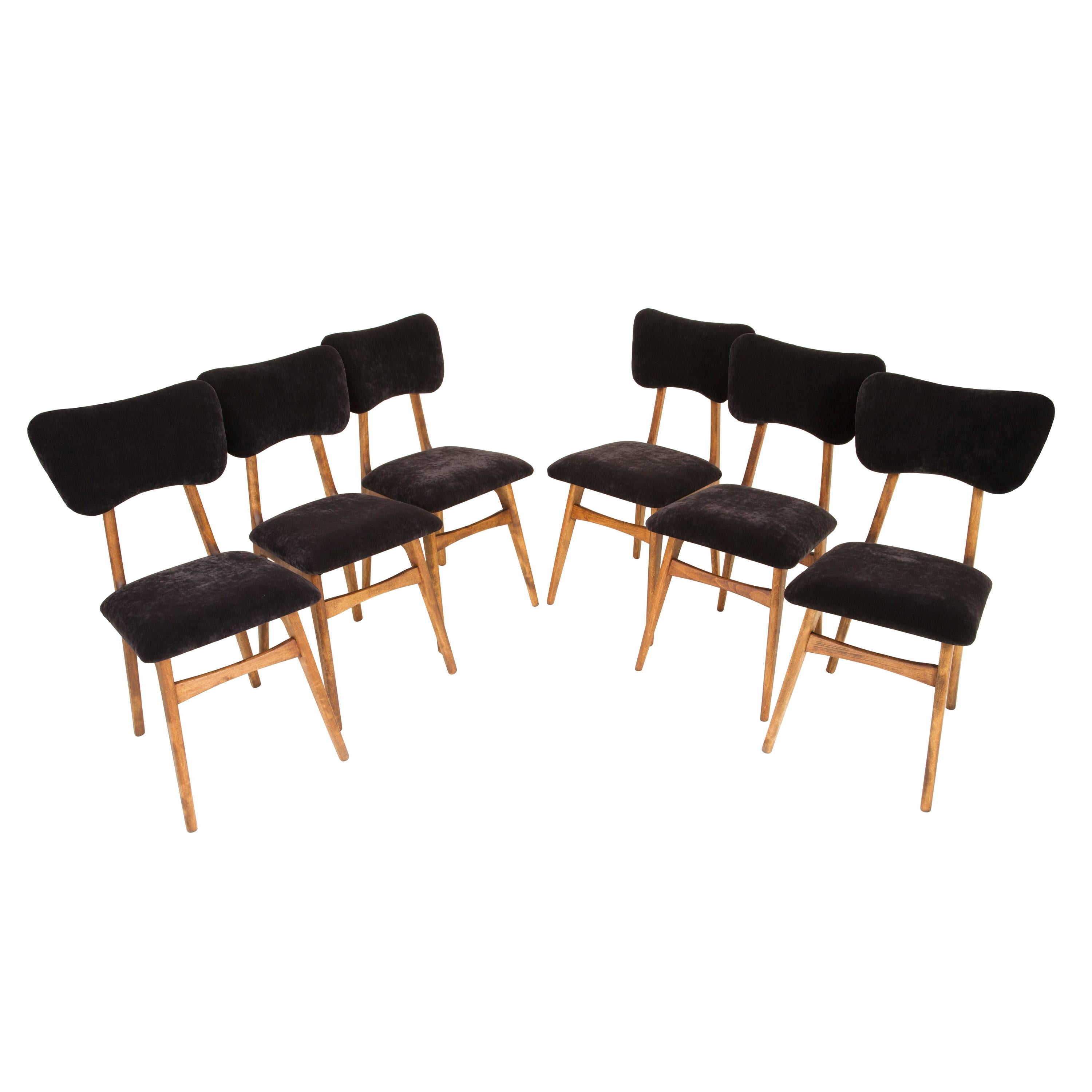 Set of Six 20th Century Black Velvet Chairs, Europe, 1960s For Sale