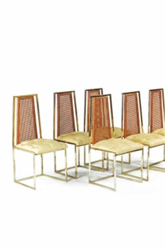 Set of Six 20th C. Brass and Beechwood Dining Chairs atribuyes to Milo Baughman