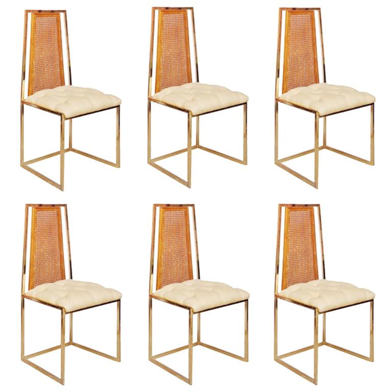 Set of Six 20th C. Brass and Beechwood Dining Chairs atribuyes to Milo Baughman For Sale