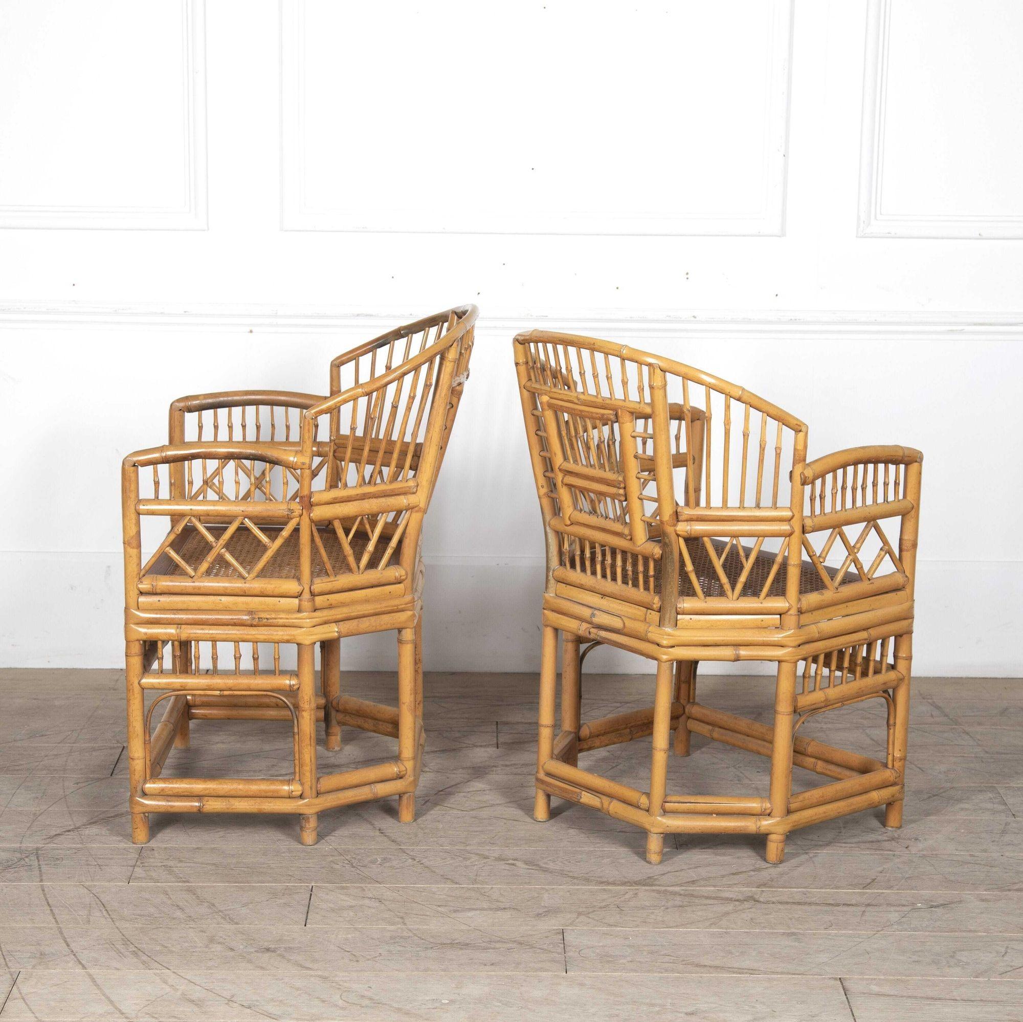 Set of six 20th Century bamboo Brighton pavilion chairs.
Dating from the Mid 20th Century, this set of six bamboo chairs is in very good condition and shall be a stylish design choice for many years to come. 
All six chairs are very comfortable