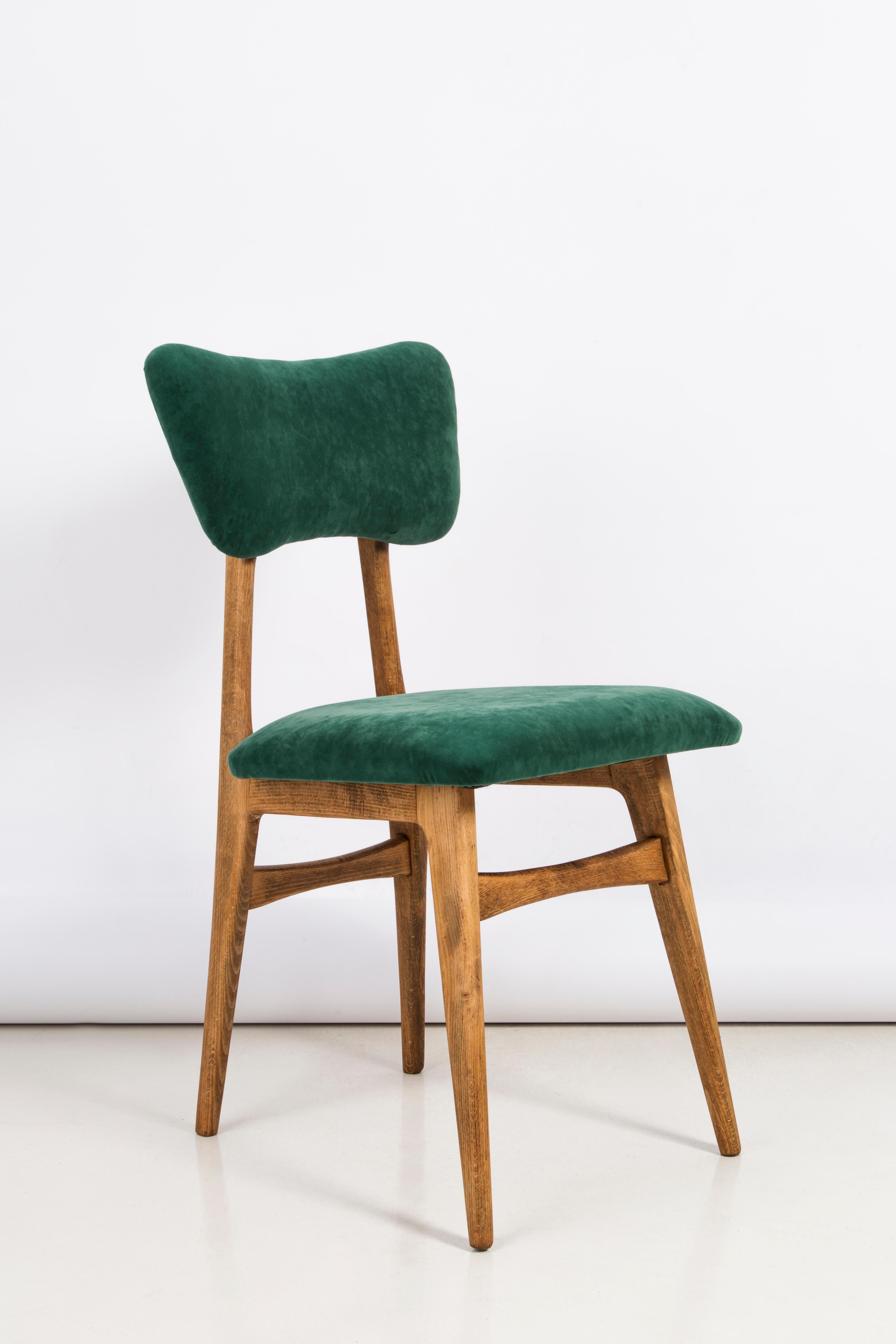 This type of chair is designed by prof. Rajmund Halas. Made of beechwood. Chairs are after a complete upholstery renovation, the woodwork has been refreshed. Seat and back is dressed in a dark green, durable and pleasant to the touch velvet fabric.