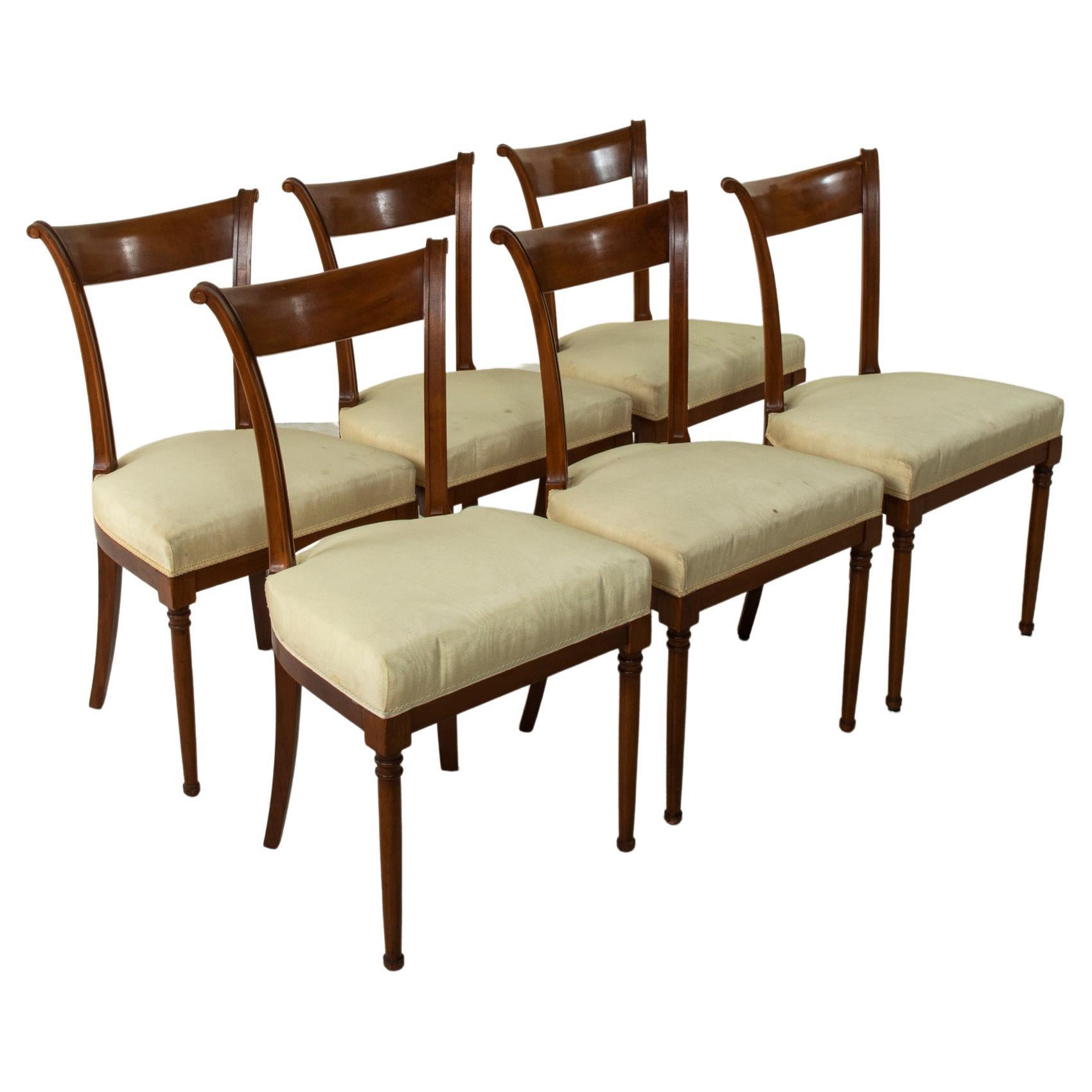Set of Six 20th Century Directoire Style Walnut Dining Chairs or Side Chairs