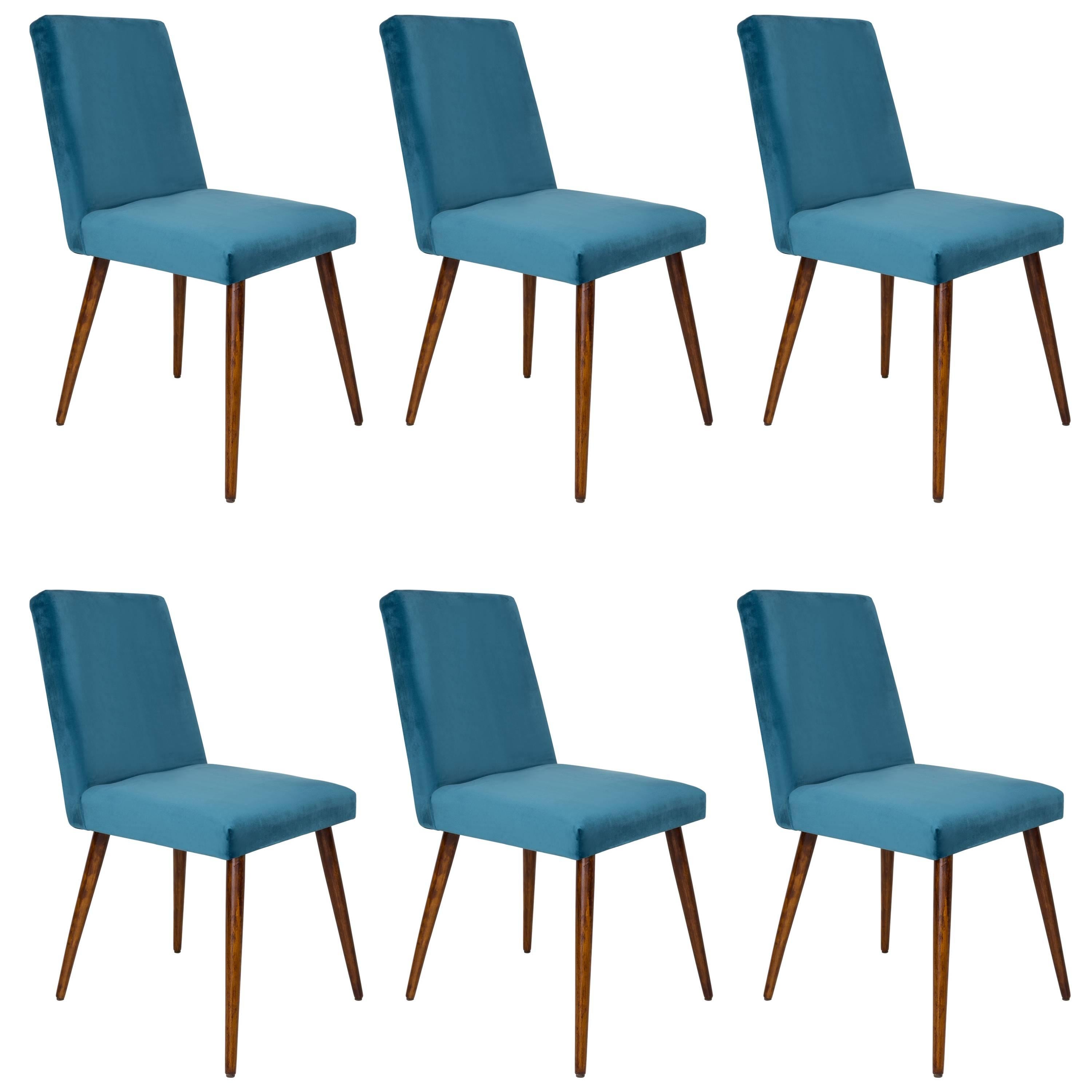 Set of Six 20th Century Petrol Blue Velvet Chairs, 1960s