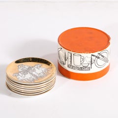 Set of Six 24kt Gold Plated Roman Themed Coasters Signed by Piero Fornasetti