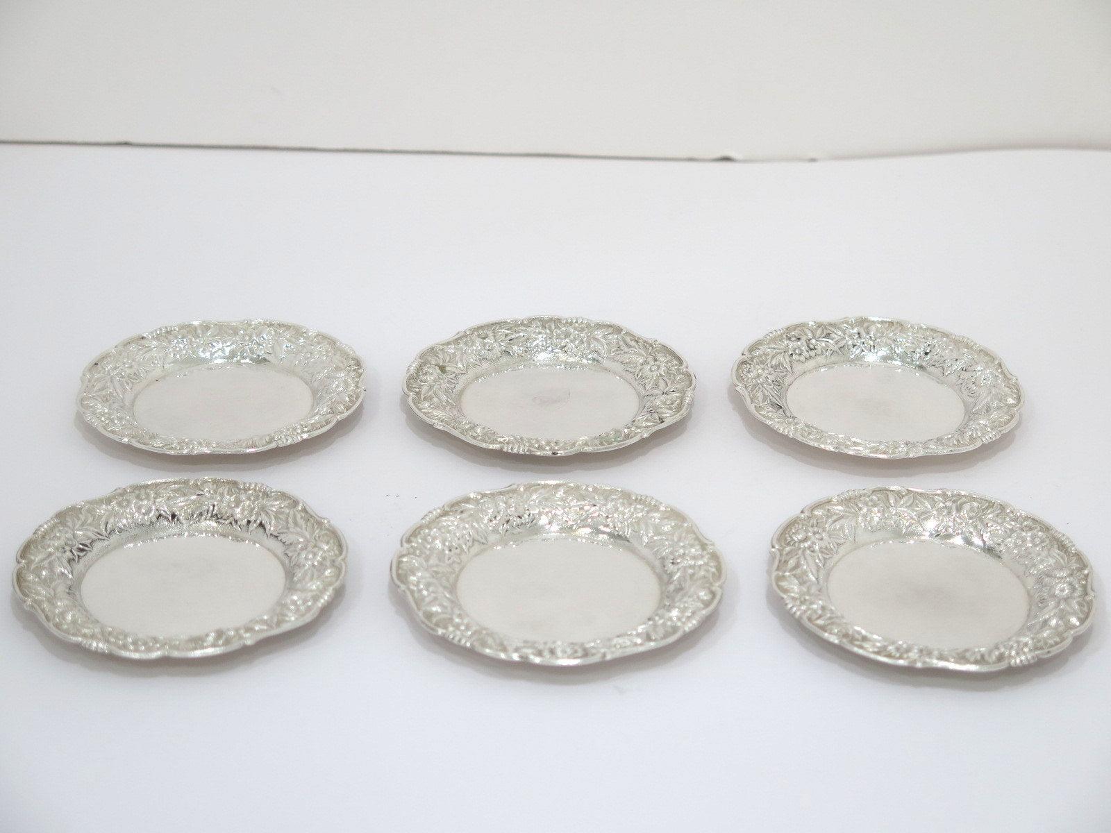 American Set of Six Sterling Silver S. Kirk & Son Antique Floral Repousse Saucers