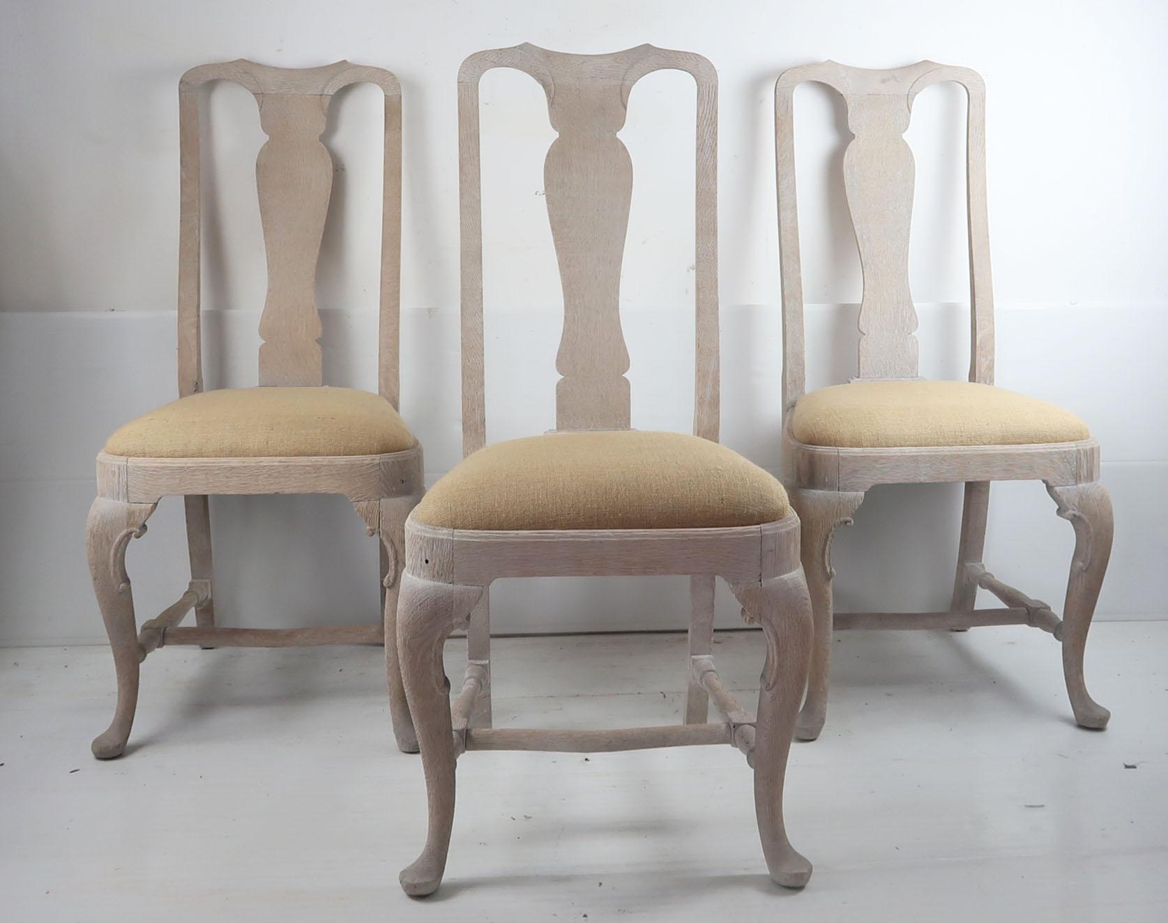 A super matching set of 6 dining chairs

They are continental, probably French.

Gustavian style with the typical urn back splat, nicely carved cabriole leg and the os de mouton shaped stretcher

They have been recently limed to give a