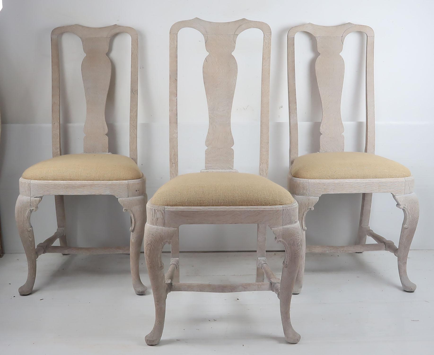 French Set of Six '6' Antique Gustavian Style Limed Oak Dining Chairs