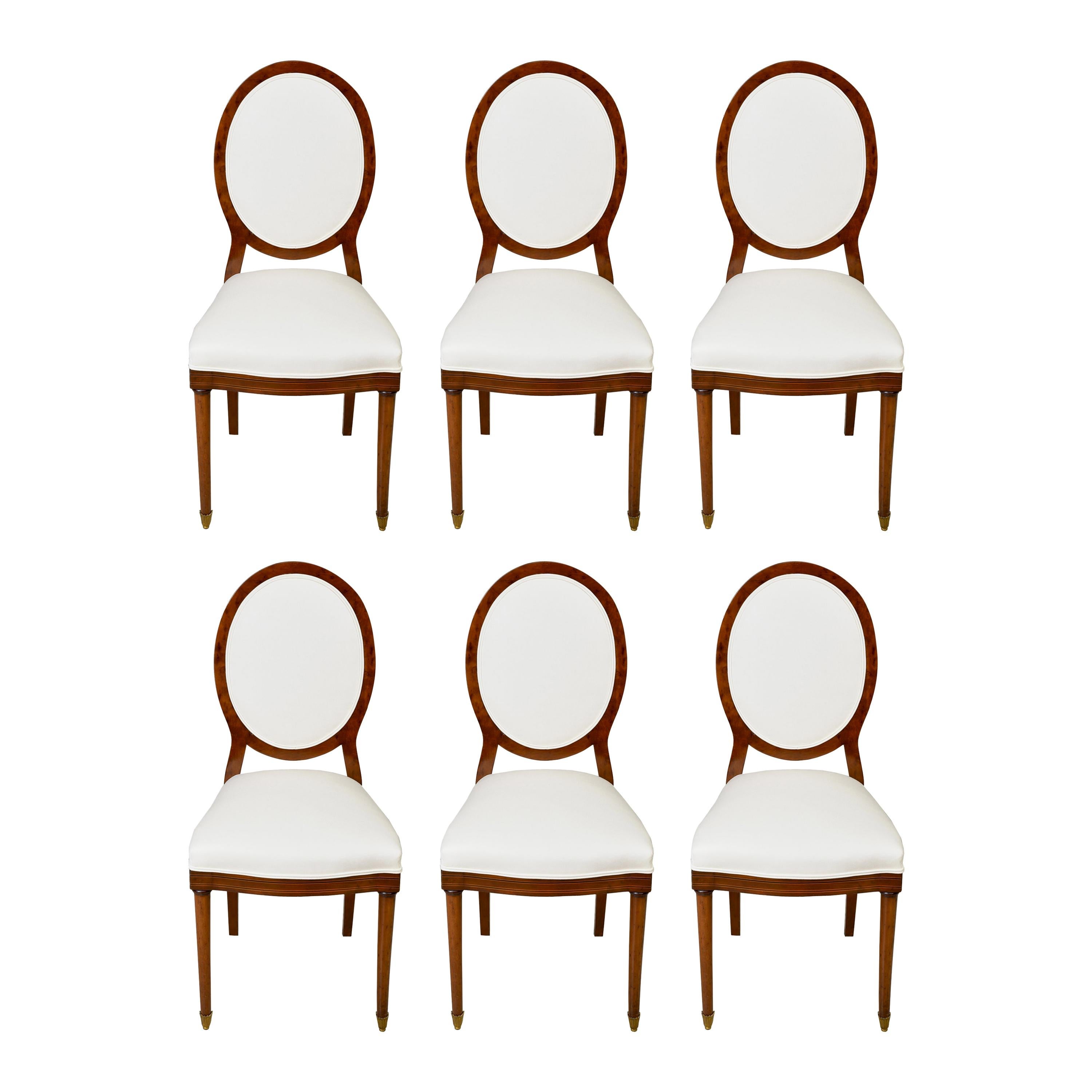 Set of Six '6' Belgian Art Deco Dining Chairs in Walnut with Upholstery