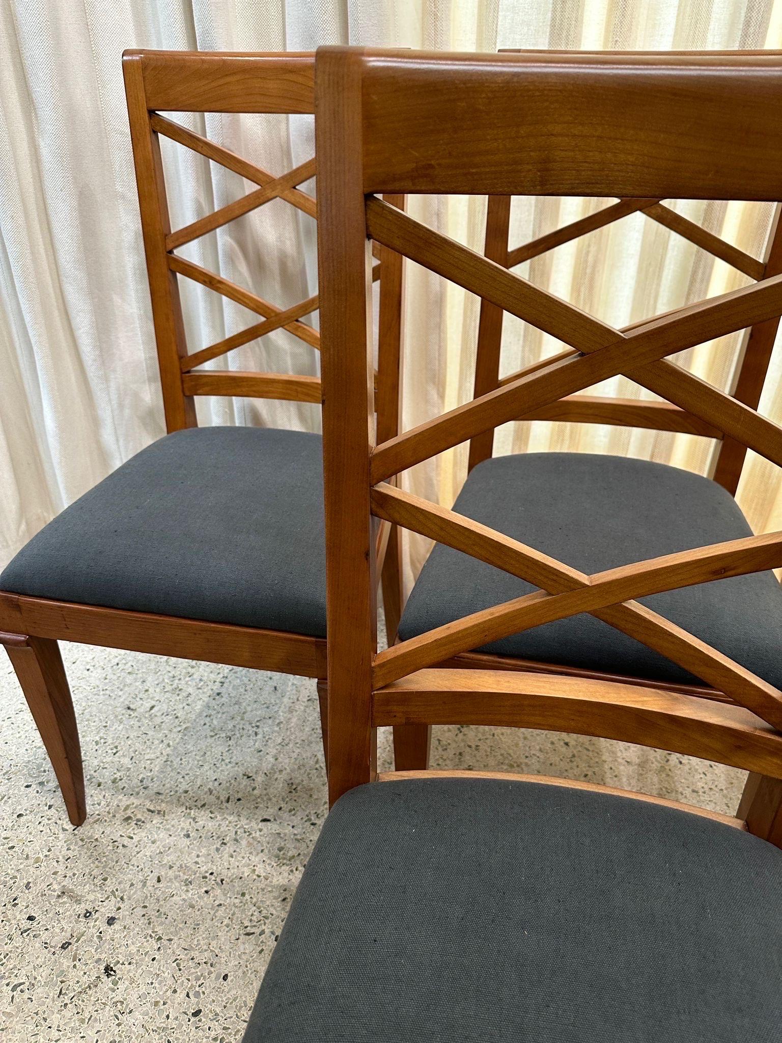 Linen Set of Six (6) Deco Era French Oak Dining Chairs For Sale