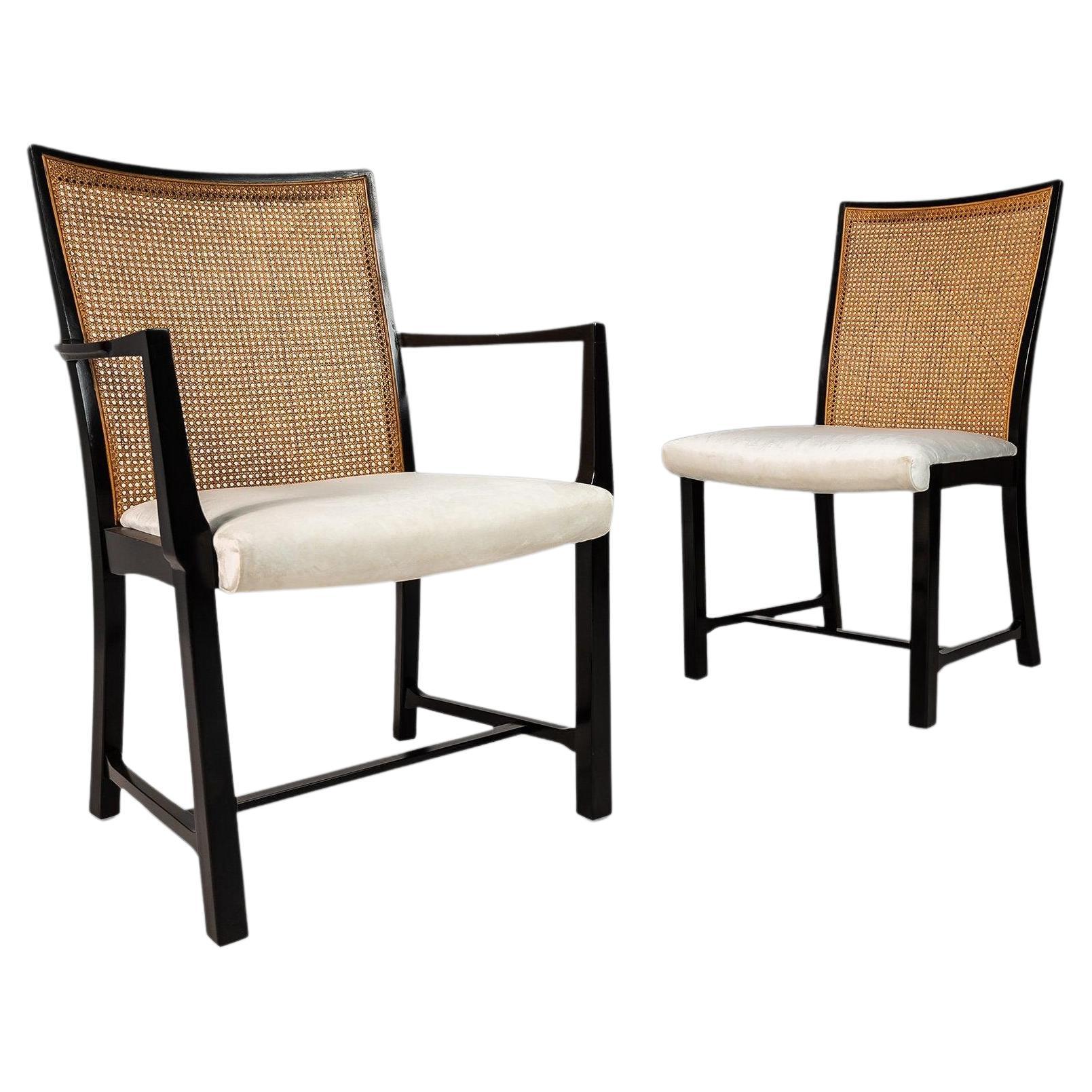 Set of Six (6) Ebonized Dining Chairs with Cane Backs by Michael Taylor for Bake For Sale