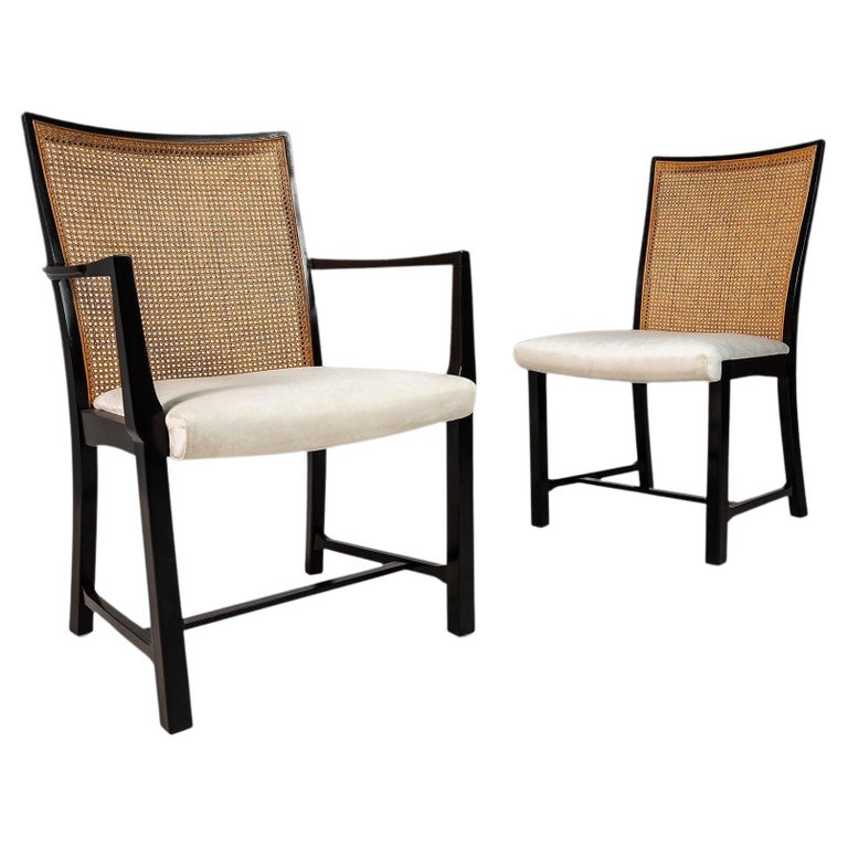Set of Six (6) Ebonized Dining Chairs with Cane Backs by Michael Taylor