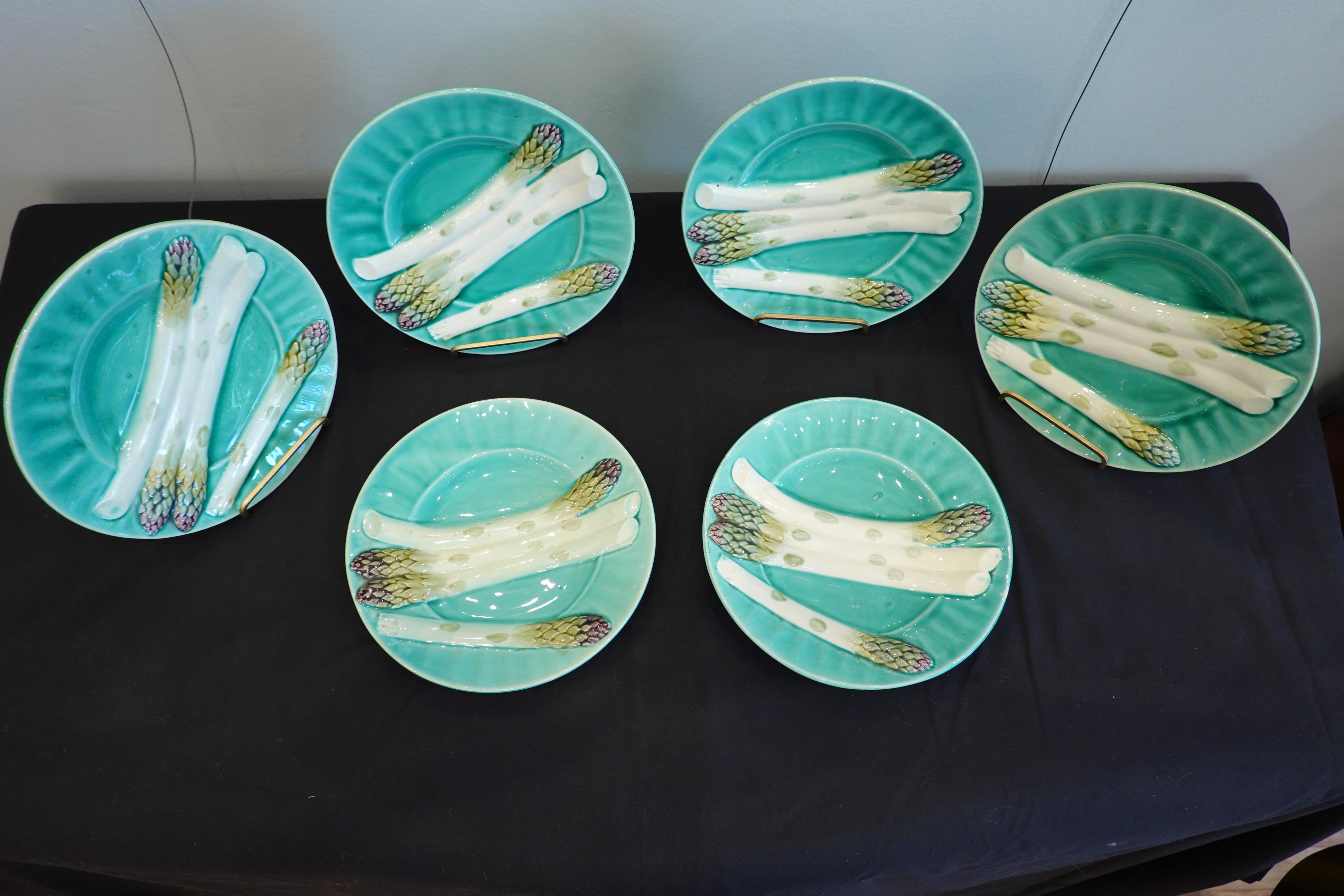 Set of Six '6' French Faience Asparagus Plates by Luneville For Sale 4