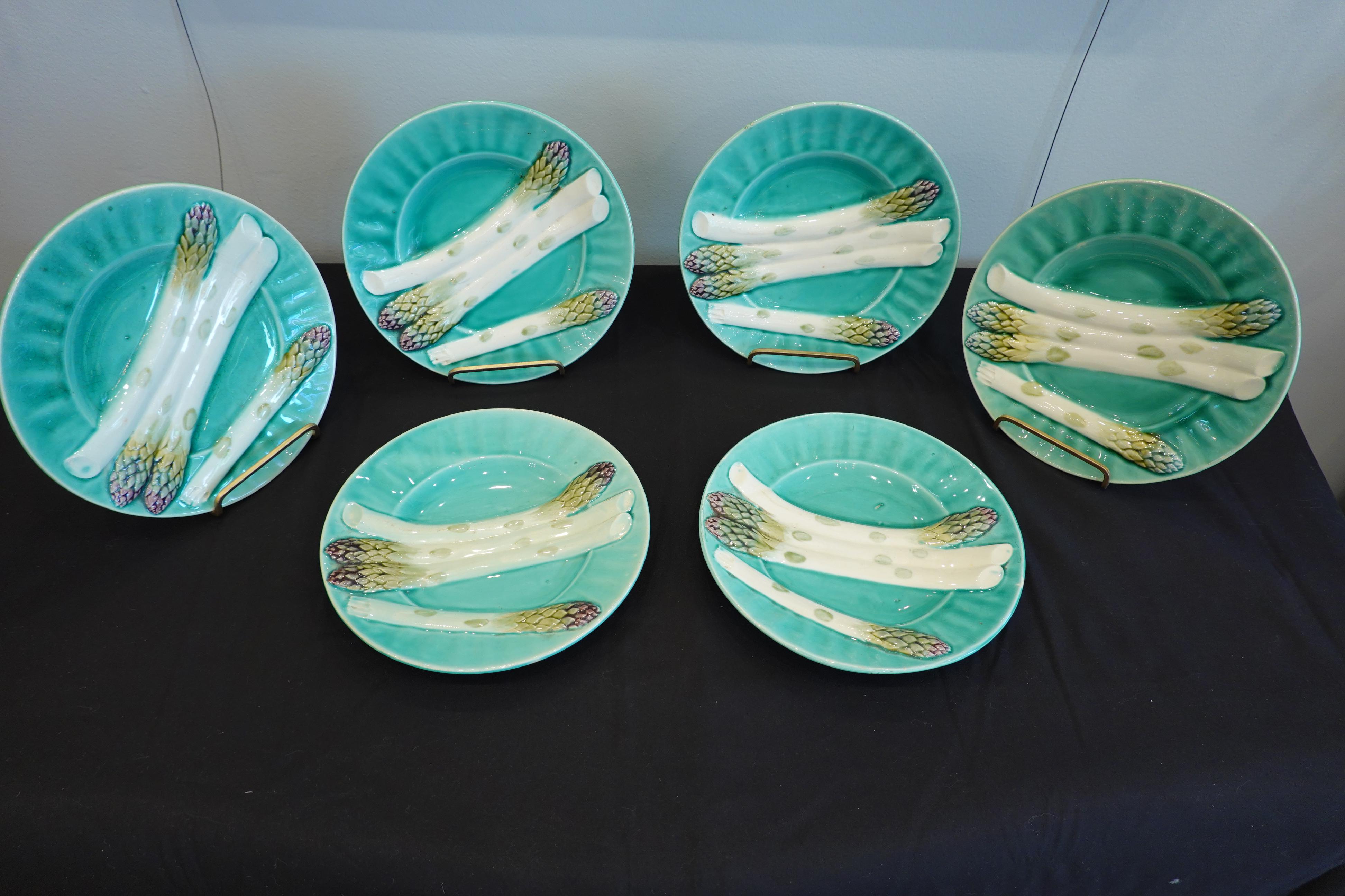 Set of Six '6' French Faience Asparagus Plates by Luneville For Sale 5