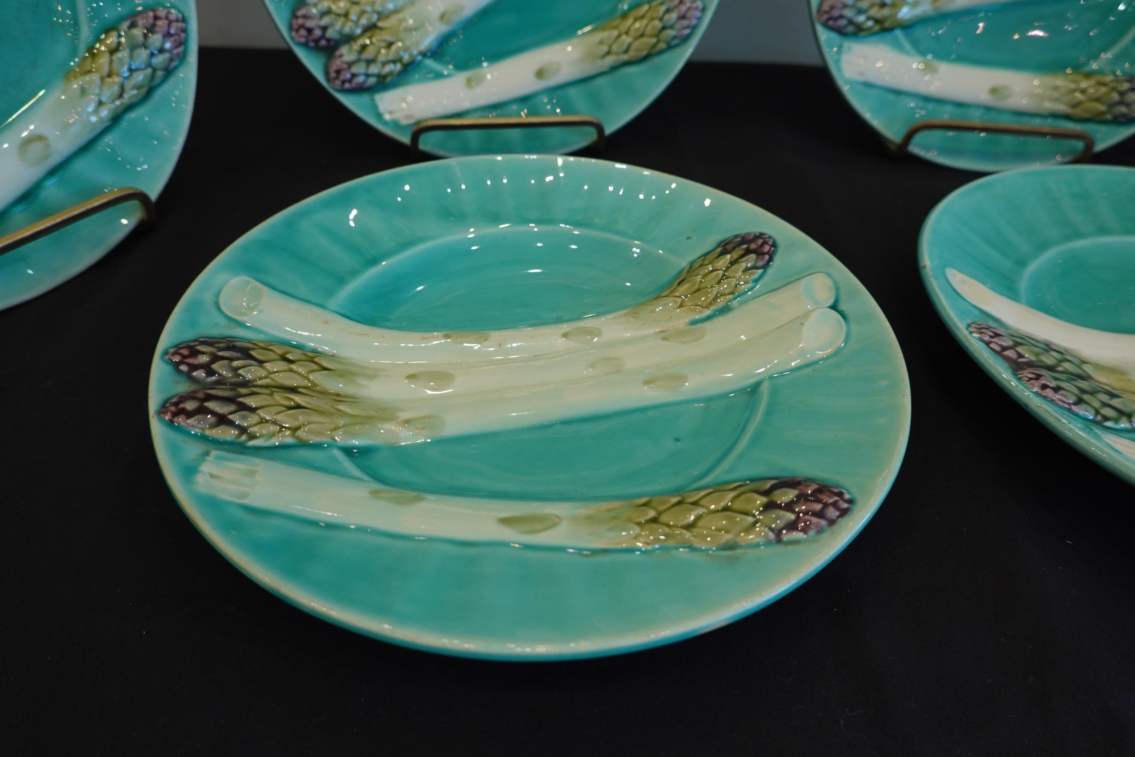 Set of Six '6' French Faience Asparagus Plates by Luneville For Sale 7