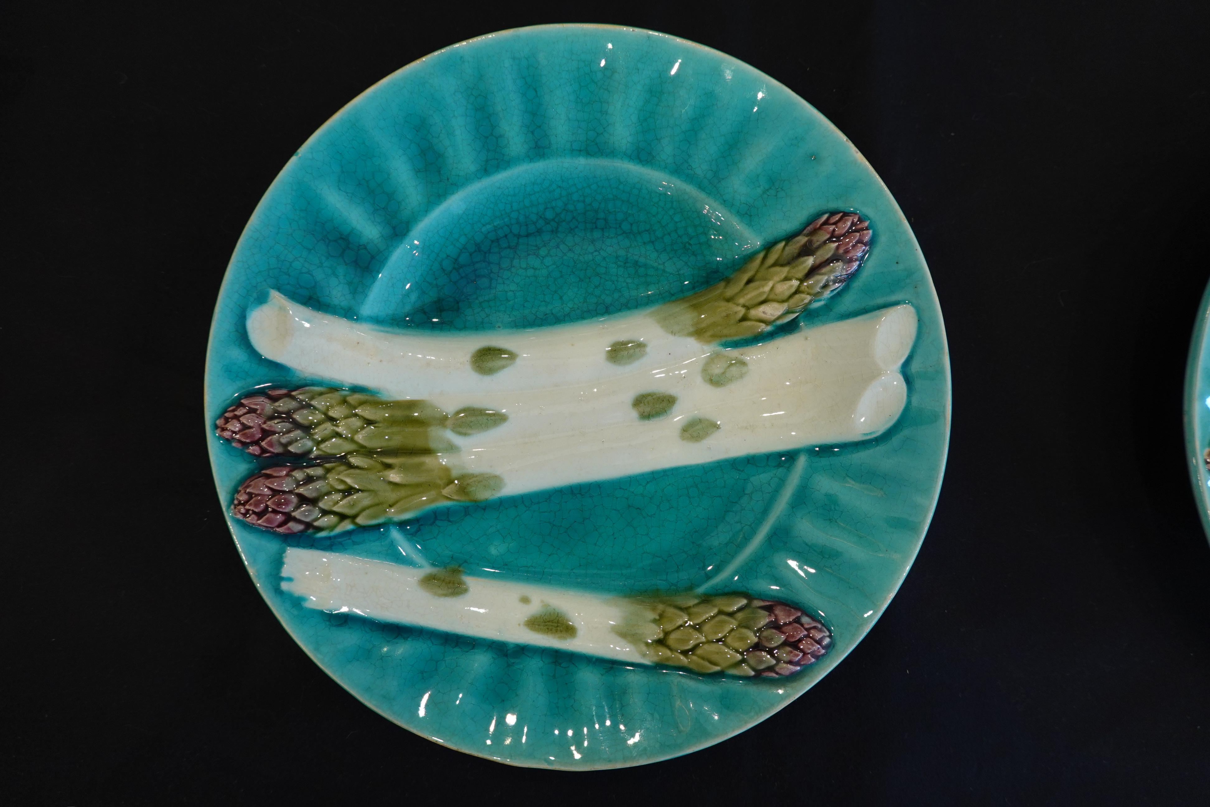 Ceramic Set of Six '6' French Faience Asparagus Plates by Luneville For Sale