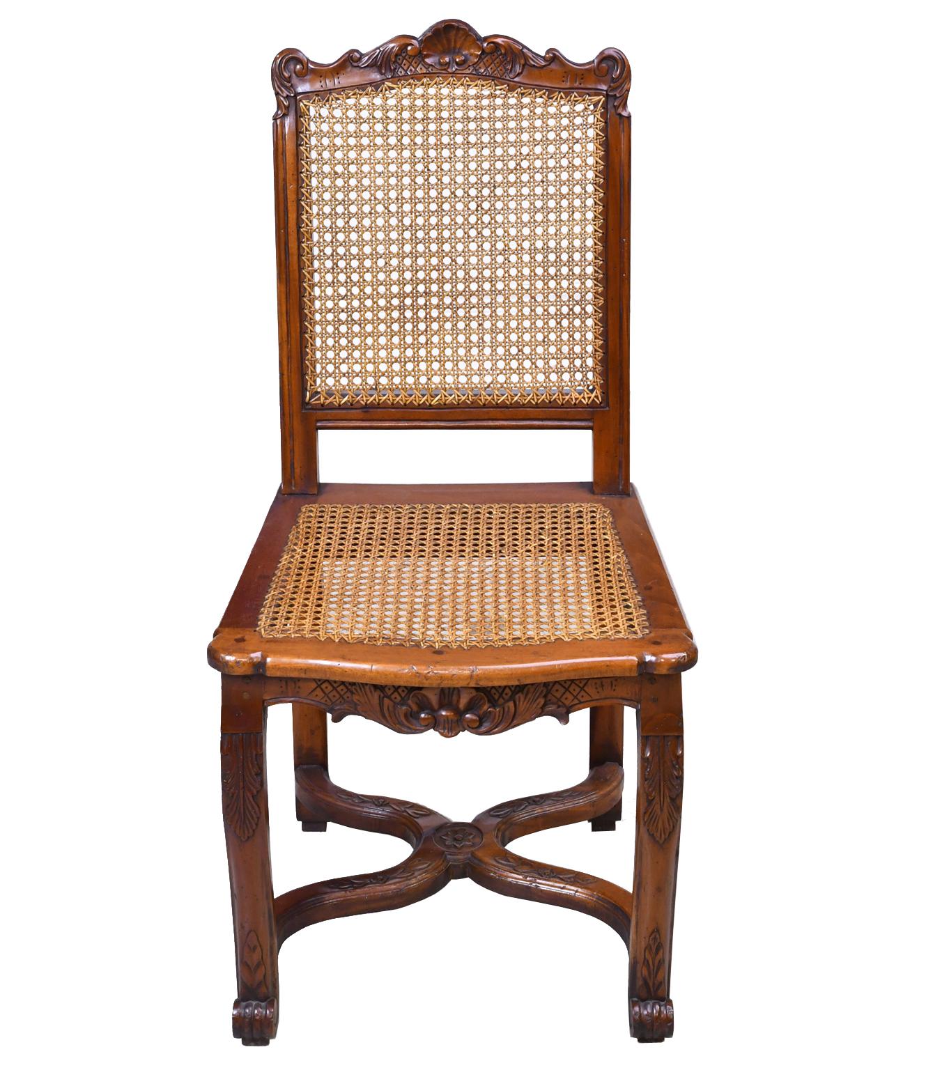 Indonesian Set of Six '6' French Louis XIV Style Dining Chairs with Caned Back and Seat