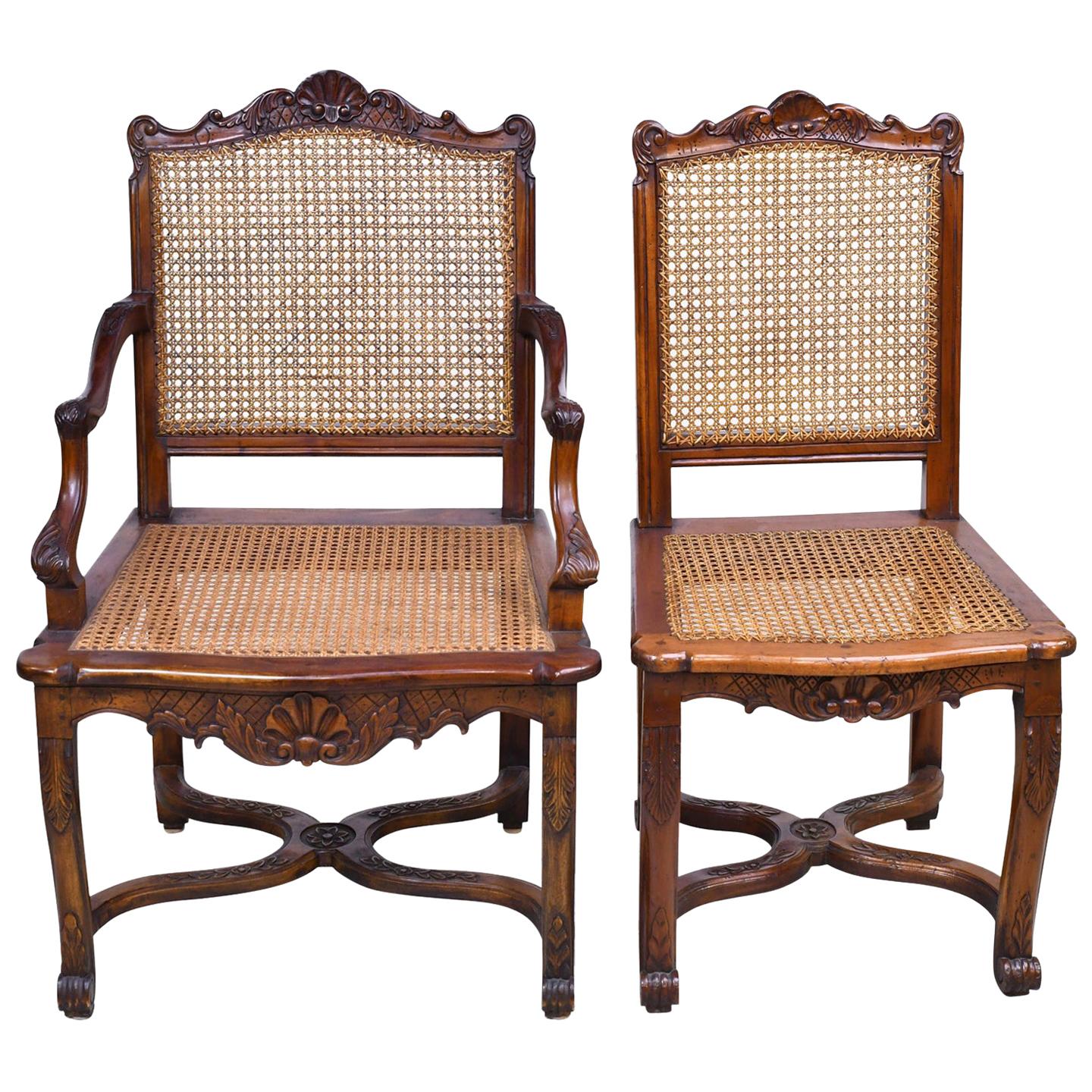 Set of Six '6' French Louis XIV Style Dining Chairs with Caned Back and Seat