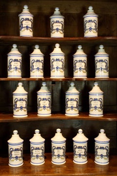 Set of Six '6' French Porcelain Apothecary Jars with Painted Decoration and Mark