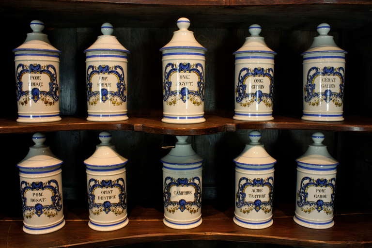Set of Six '6' French Porcelain Apothecary Jars with Painted Decoration and Mark For Sale 2