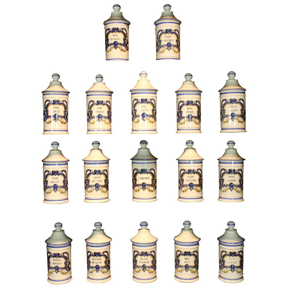 Set of Six '6' French Porcelain Apothecary Jars with Painted Decoration and Mark