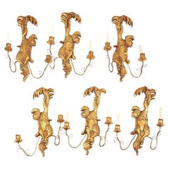 Vintage Set of Six (6) Mid-Century Venetian Italian Carved Giltwood Monkey Form Sconces