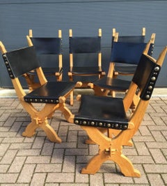 Set of Six Midcentury Era Handcrafted Solid Oak and Black Leather Chairs