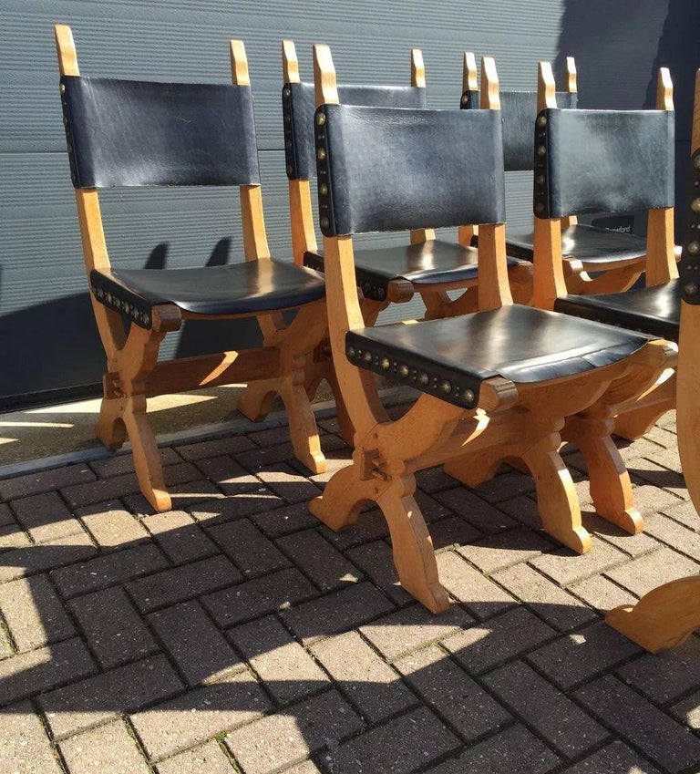 Brass Set of Six Midcentury Era Handcrafted Solid Oak and Black Leather Chairs For Sale
