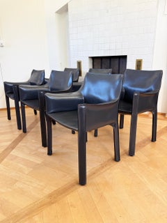 Set of Six Cab 413 Armchairs Mario Bellini Cassina Dark Grey / Black Leather