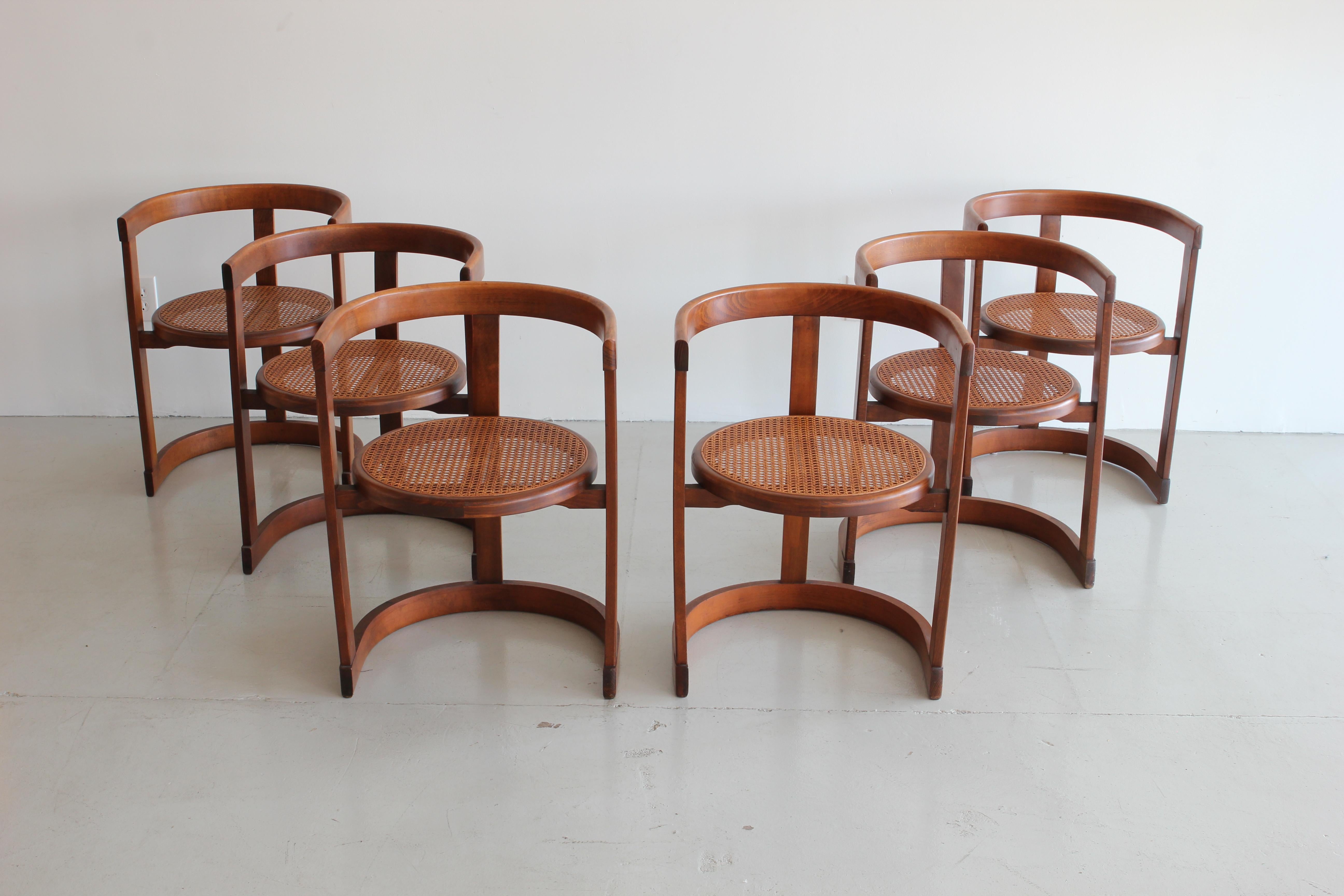 Set of six pen tub chairs produced by A.G. of Barcelona, 

circa 1950s, Spain. Oak has wonderful patina and newly caned seats. 

 