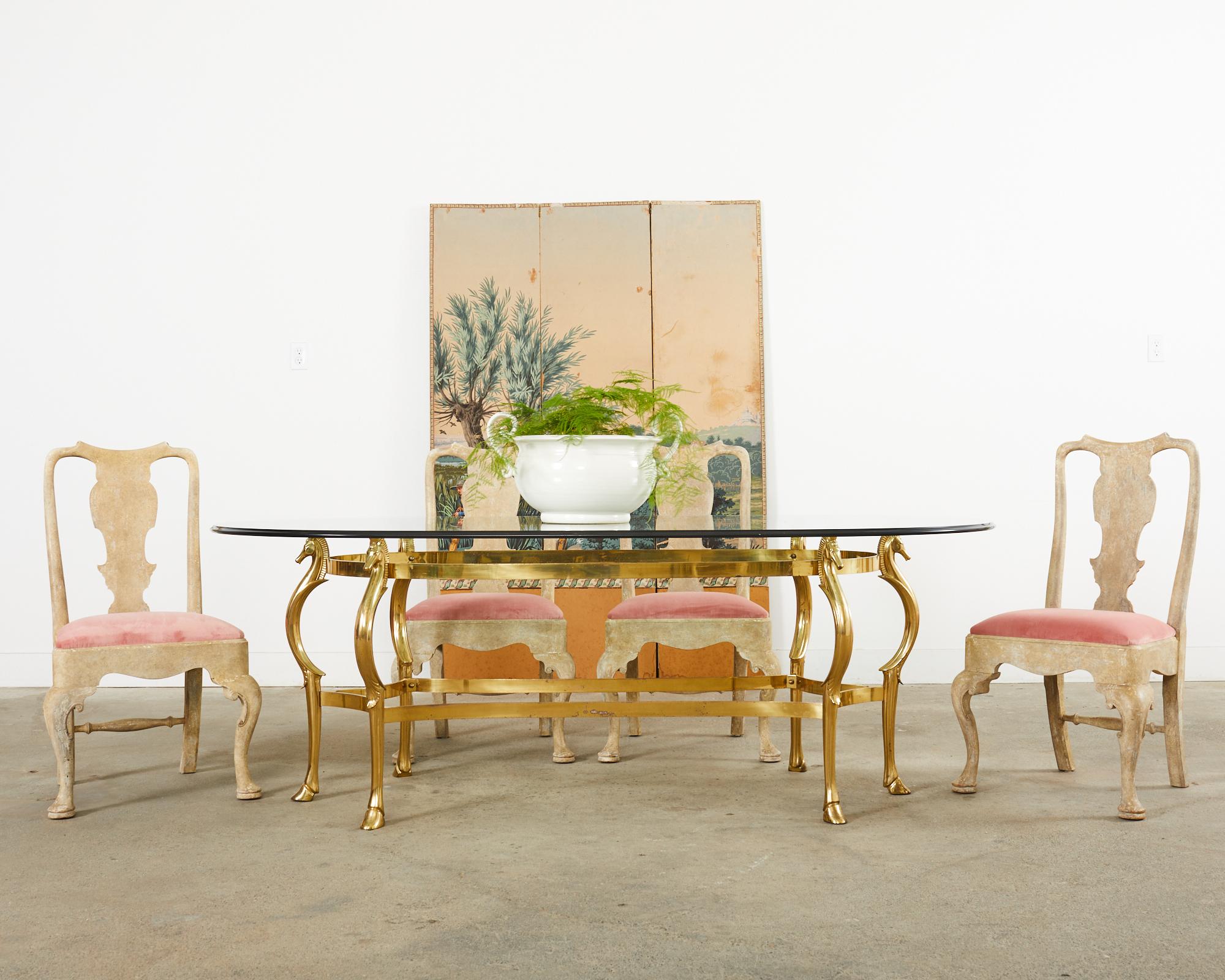 Amazing set of six bespoke dining chairs by A. Rudin Hollywood, CA. The chairs feature an 18th century Queen Anne or baroque style frames. The frames have a lime washed intentionally distressed or pickled finish on the beech wood. Heavy and solid