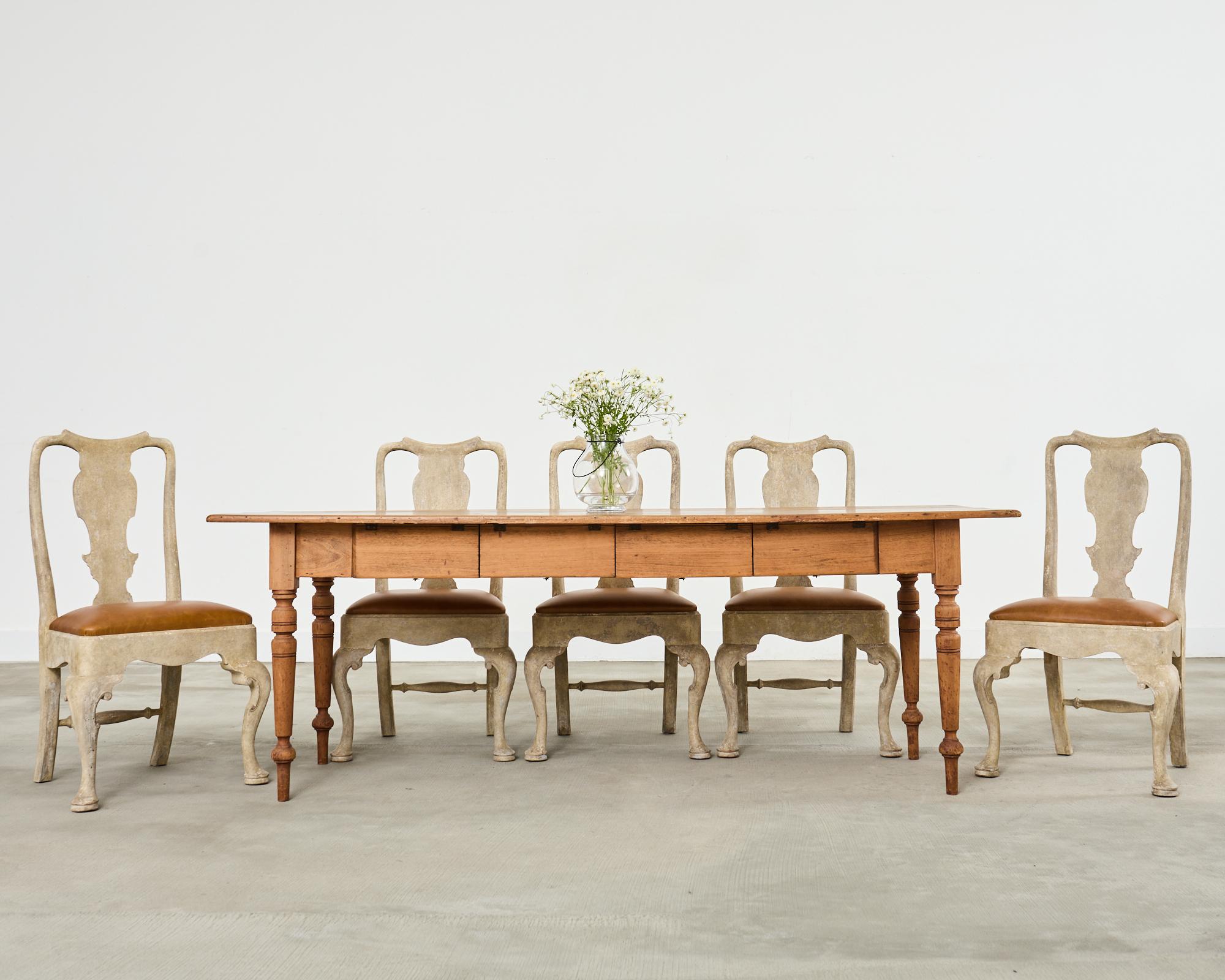 Amazing set of six bespoke dining chairs by A. Rudin Hollywood, CA. The chairs feature an 18th century Queen Anne or baroque style frames. The frames have a lime washed intentionally distressed or pickled finish on the beech wood. Heavy and solid