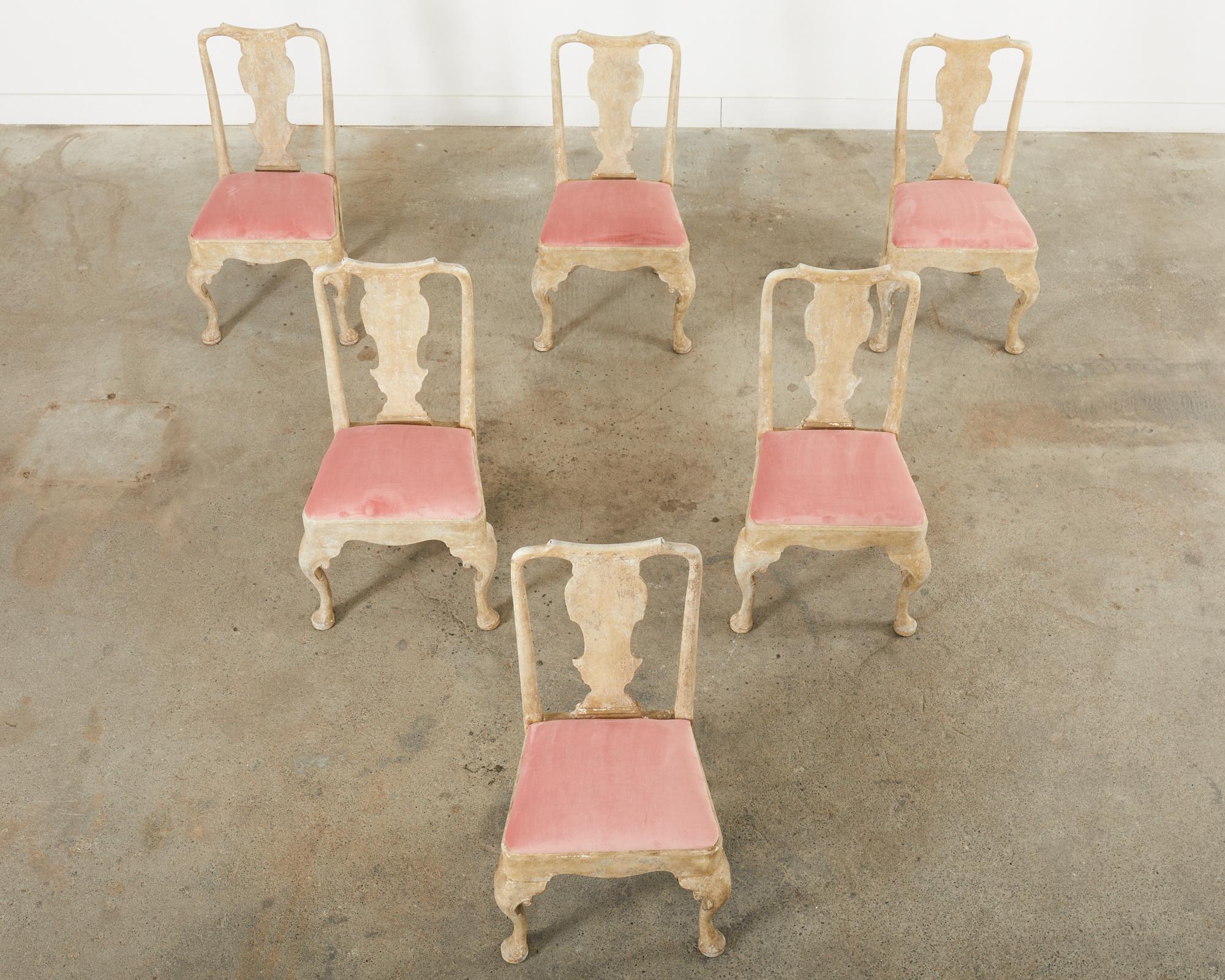 American Set of Six A. Rudin Distressed Queen Anne Style Dining Chairs  For Sale
