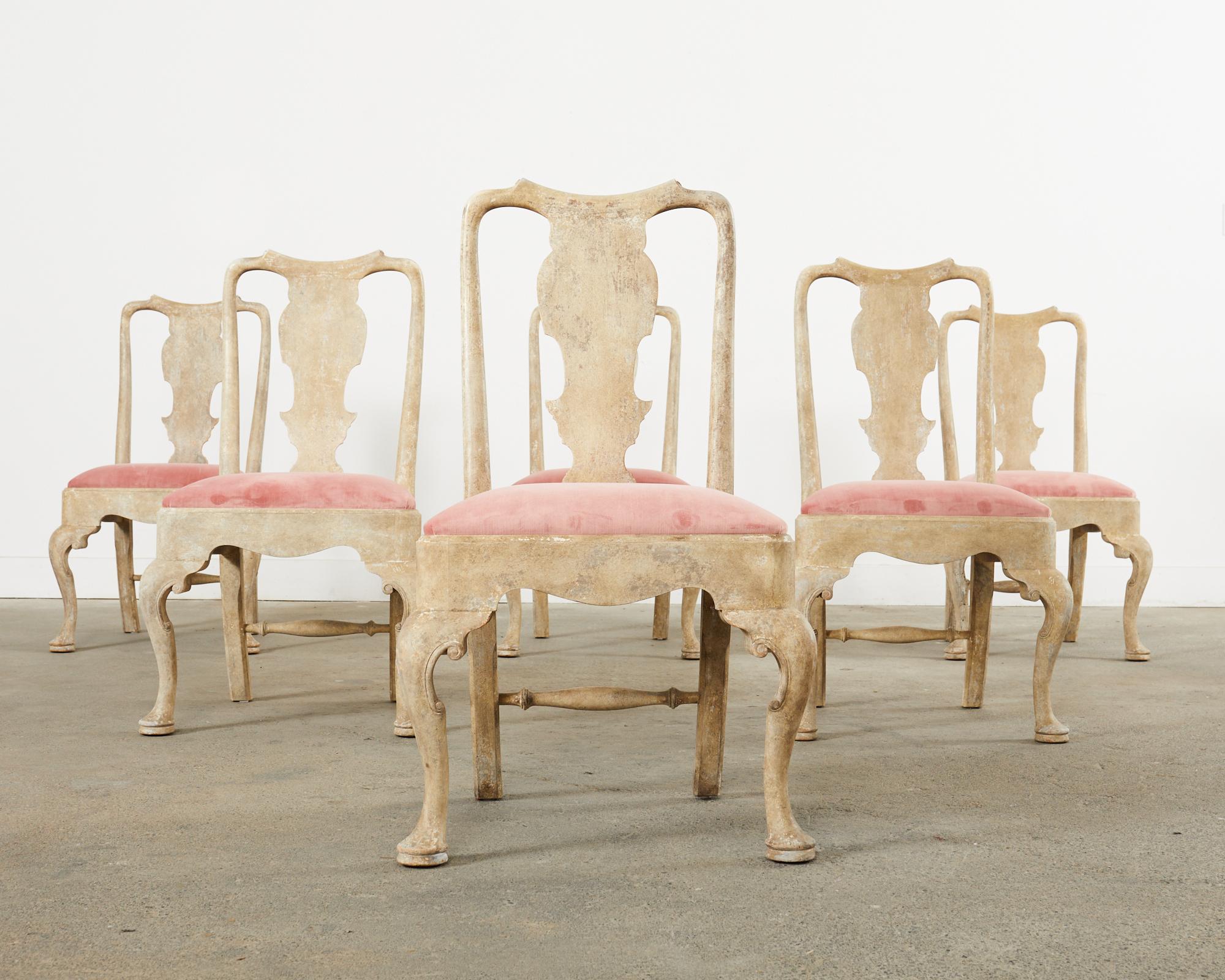 Hand-Crafted Set of Six A. Rudin Distressed Queen Anne Style Dining Chairs  For Sale