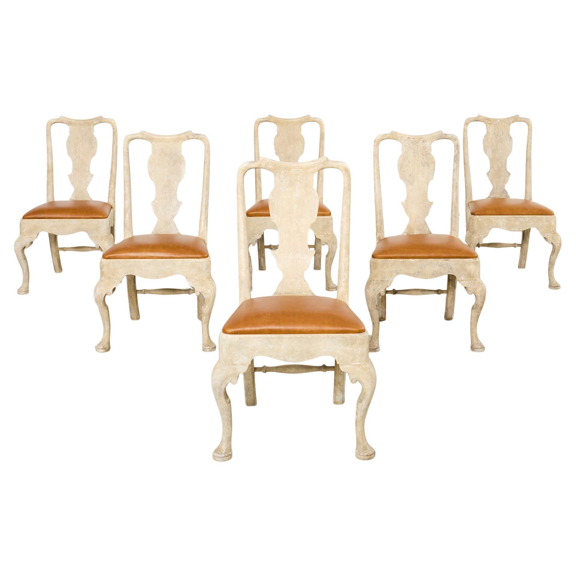 Set of Six A. Rudin Distressed Queen Anne Style Dining Chairs