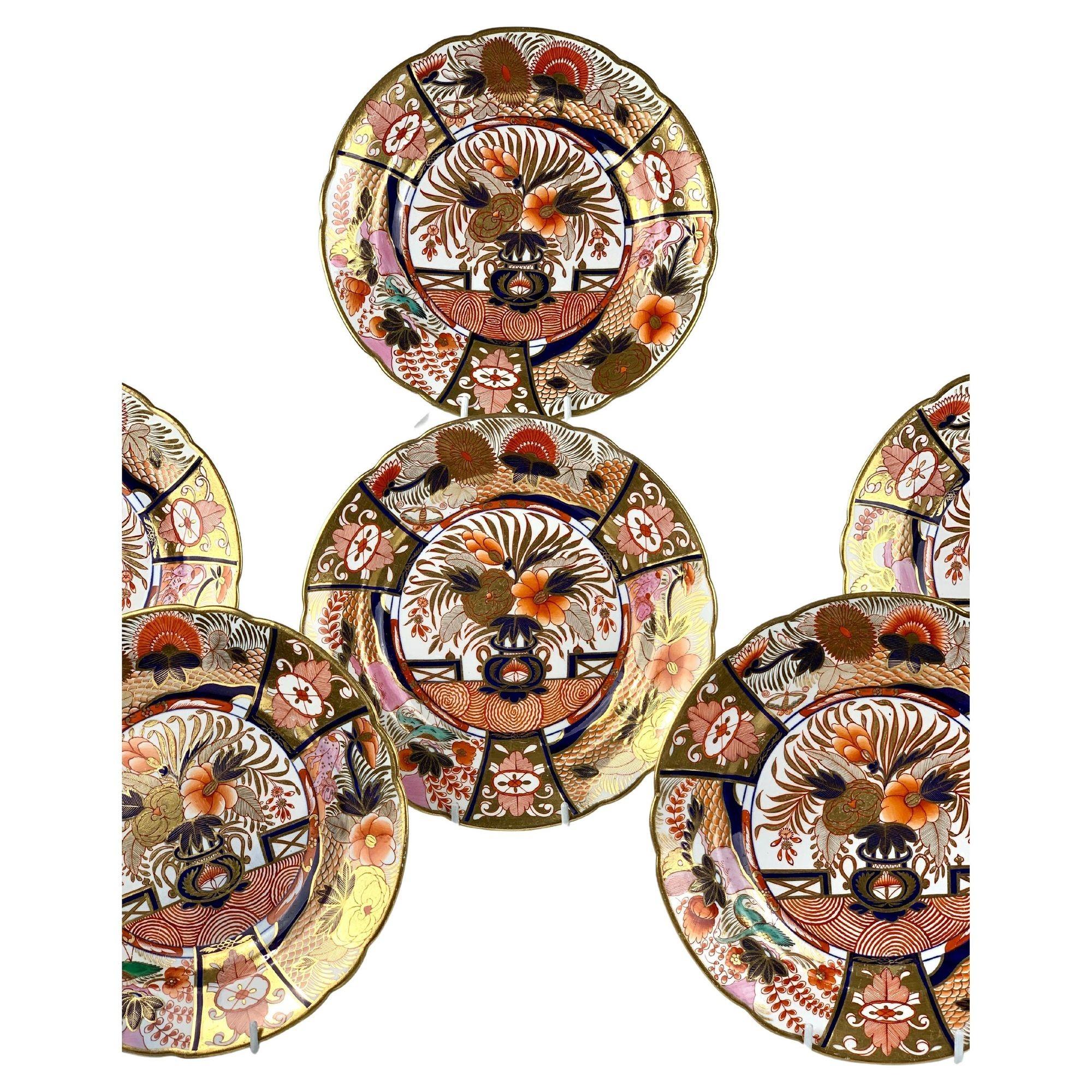 Why we love it: The intensity of the Imari colors and the fabulous pink spotted lion. 
This set of Coalport Admiral Nelson dishes was hand-painted in England during the Regency period circa 1815.
To see the wonderful hand-painting, look, for