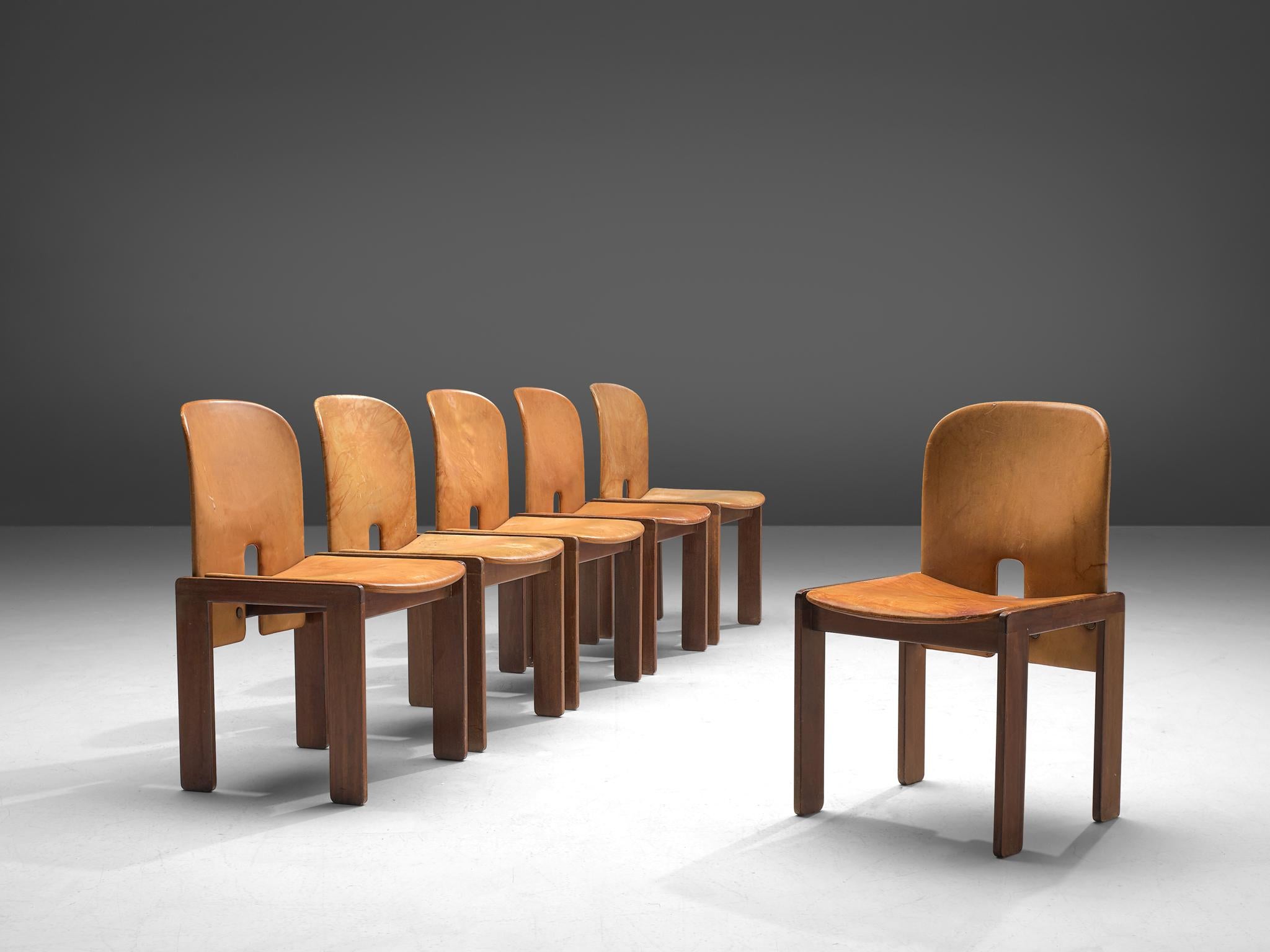 Mid-Century Modern Set of Six Afra and Tobia Scarpa Chairs in Natural Leather and Walnut