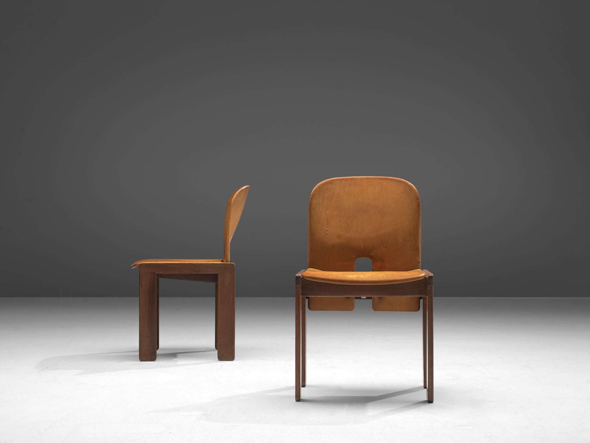 Mid-20th Century Set of Six Afra and Tobia Scarpa Chairs in Natural Leather and Walnut