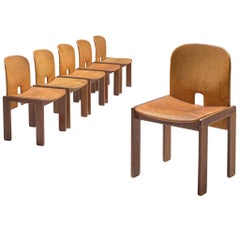 Set of Six Afra and Tobia Scarpa Chairs in Natural Leather and Walnut