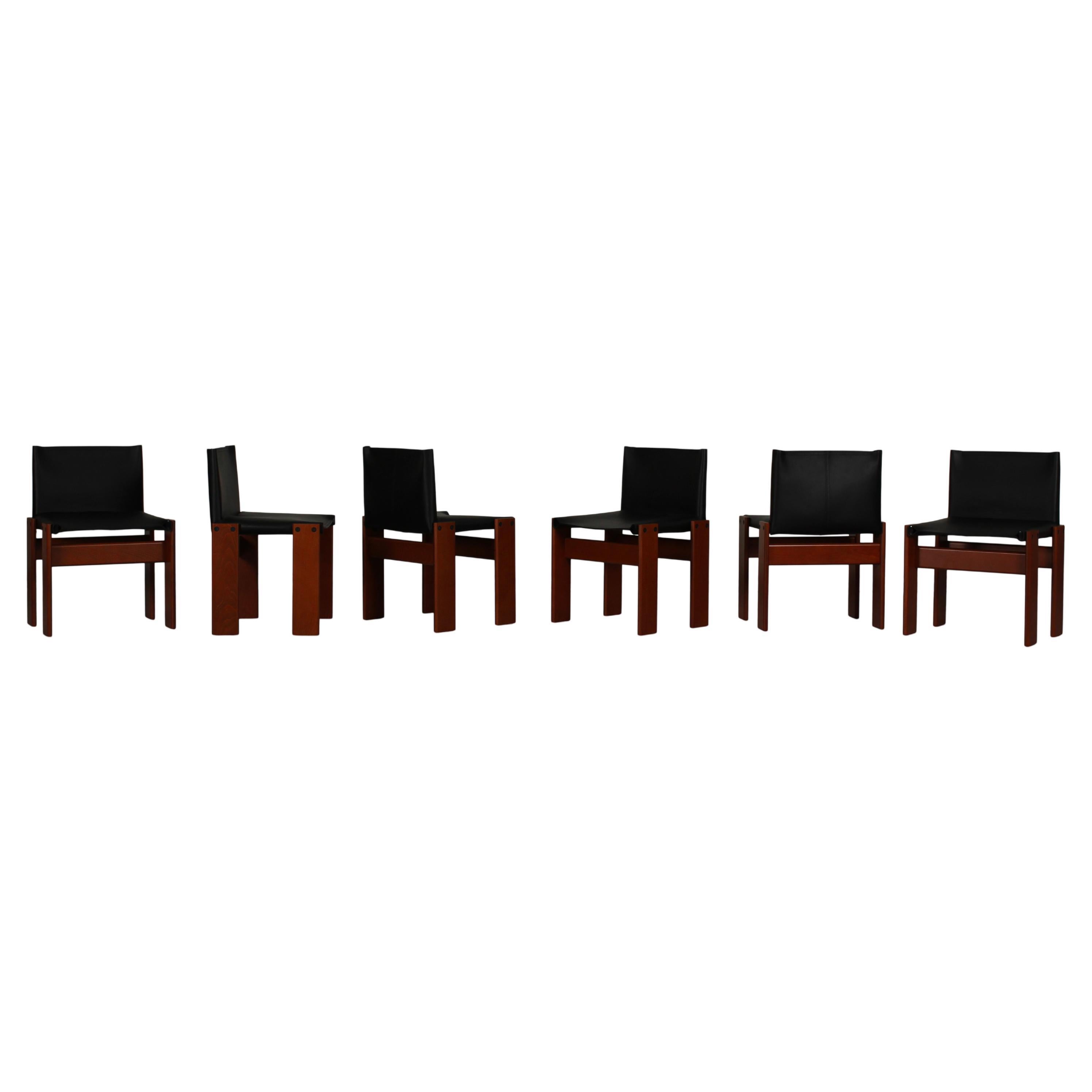 Set of Six Afra 
Tobia Scarpa “Monk” Chairs for Molteni, Black Leather, 1973 For Sale