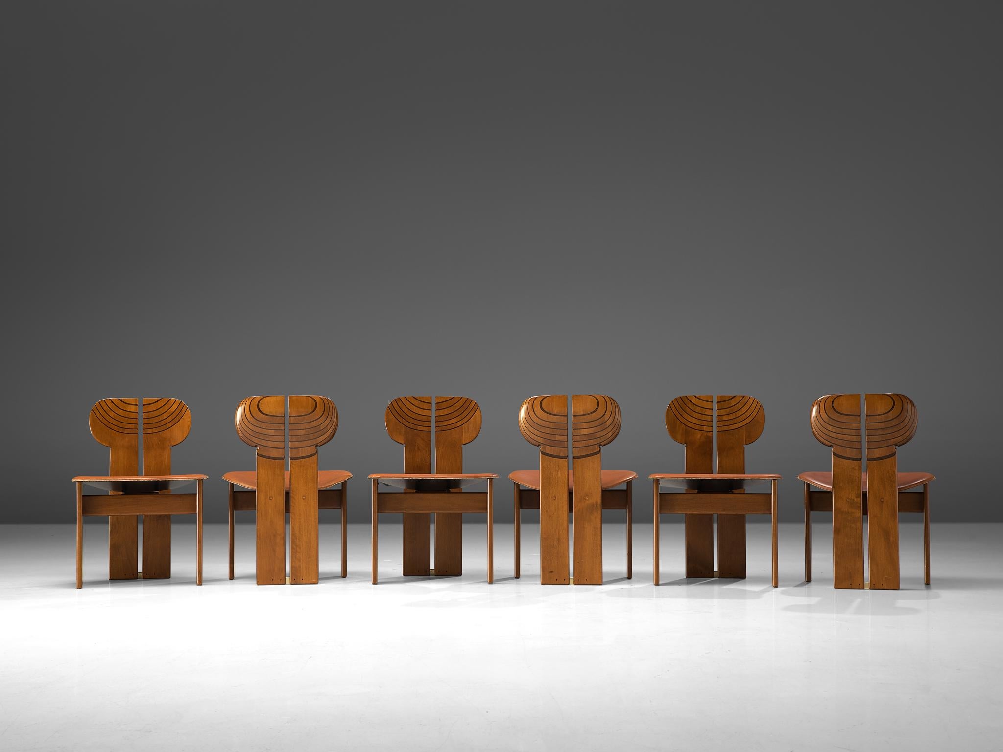 Mid-Century Modern Set of Six 'Africa' Chairs by Afra & Tobia Scarpa with Cognac Leather