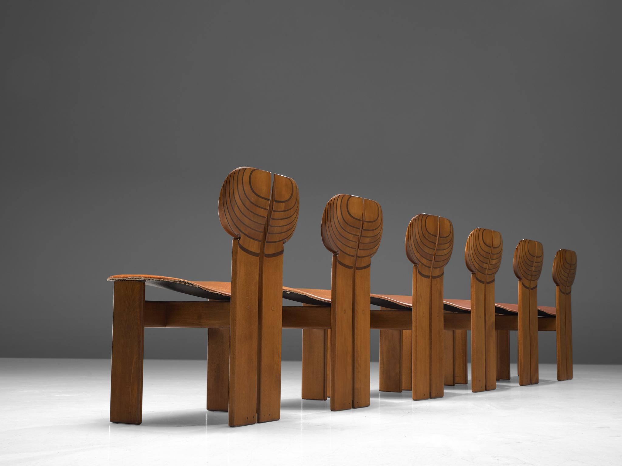 Italian Set of Six 'Africa' Chairs by Afra & Tobia Scarpa with Cognac Leather