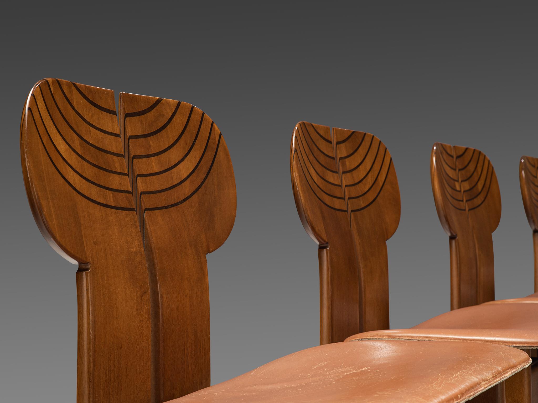 Late 20th Century Set of Six 'Africa' Chairs by Afra & Tobia Scarpa with Cognac Leather
