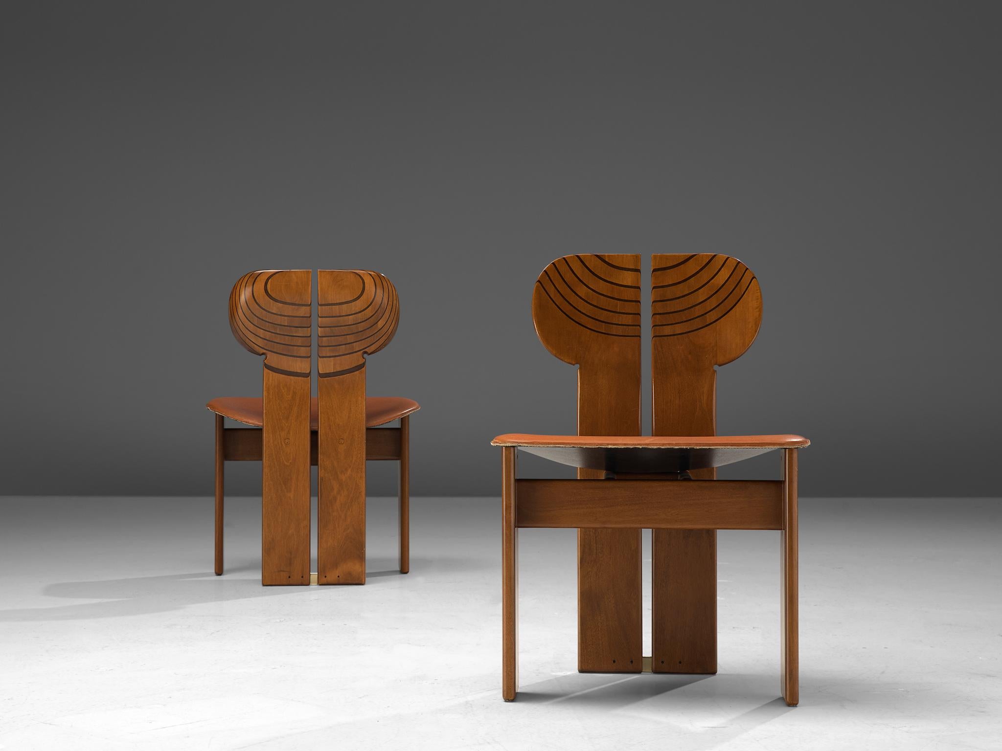 Brass Set of Six 'Africa' Chairs by Afra & Tobia Scarpa with Cognac Leather