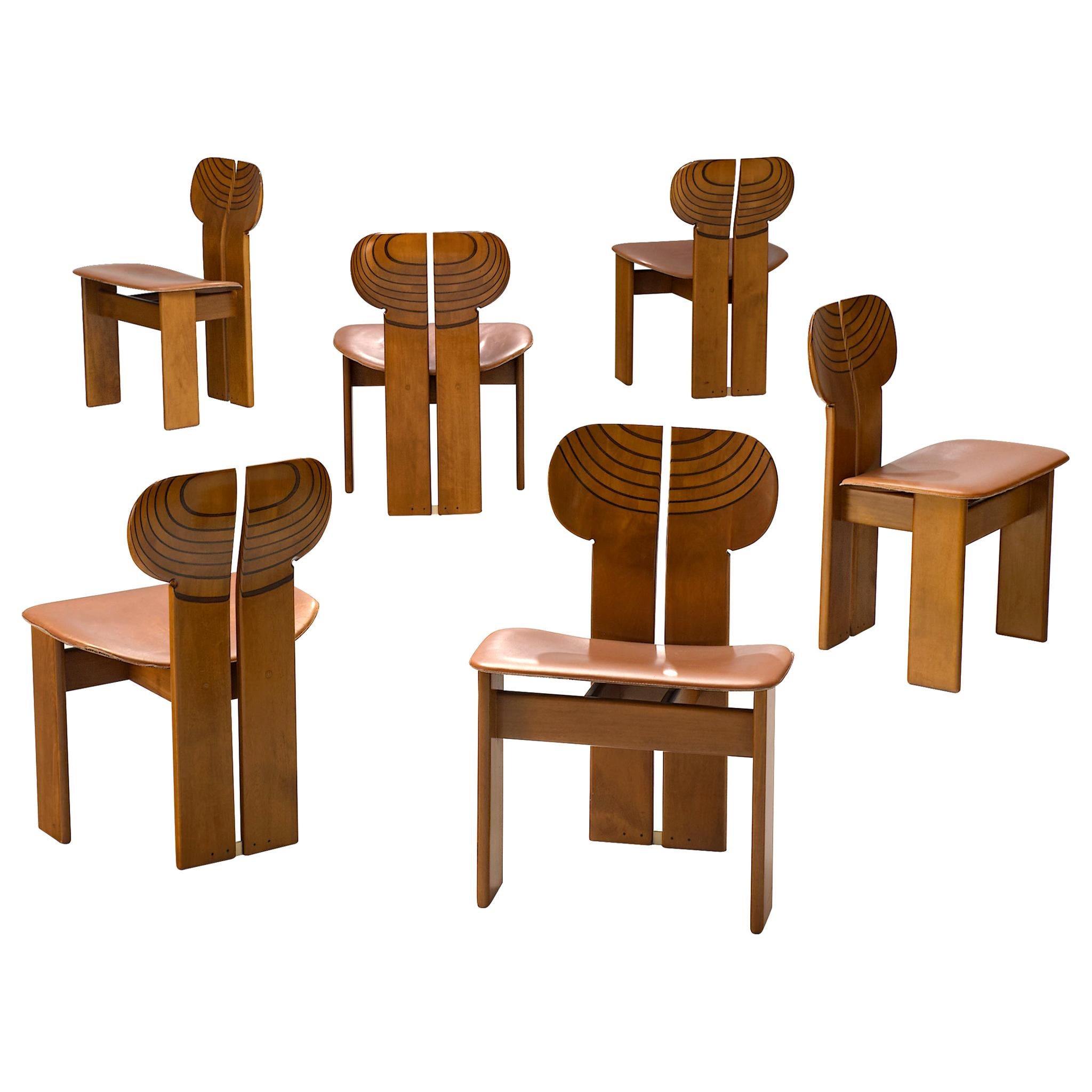 Set of Six 'Africa' Chairs by Afra & Tobia Scarpa with Cognac Leather