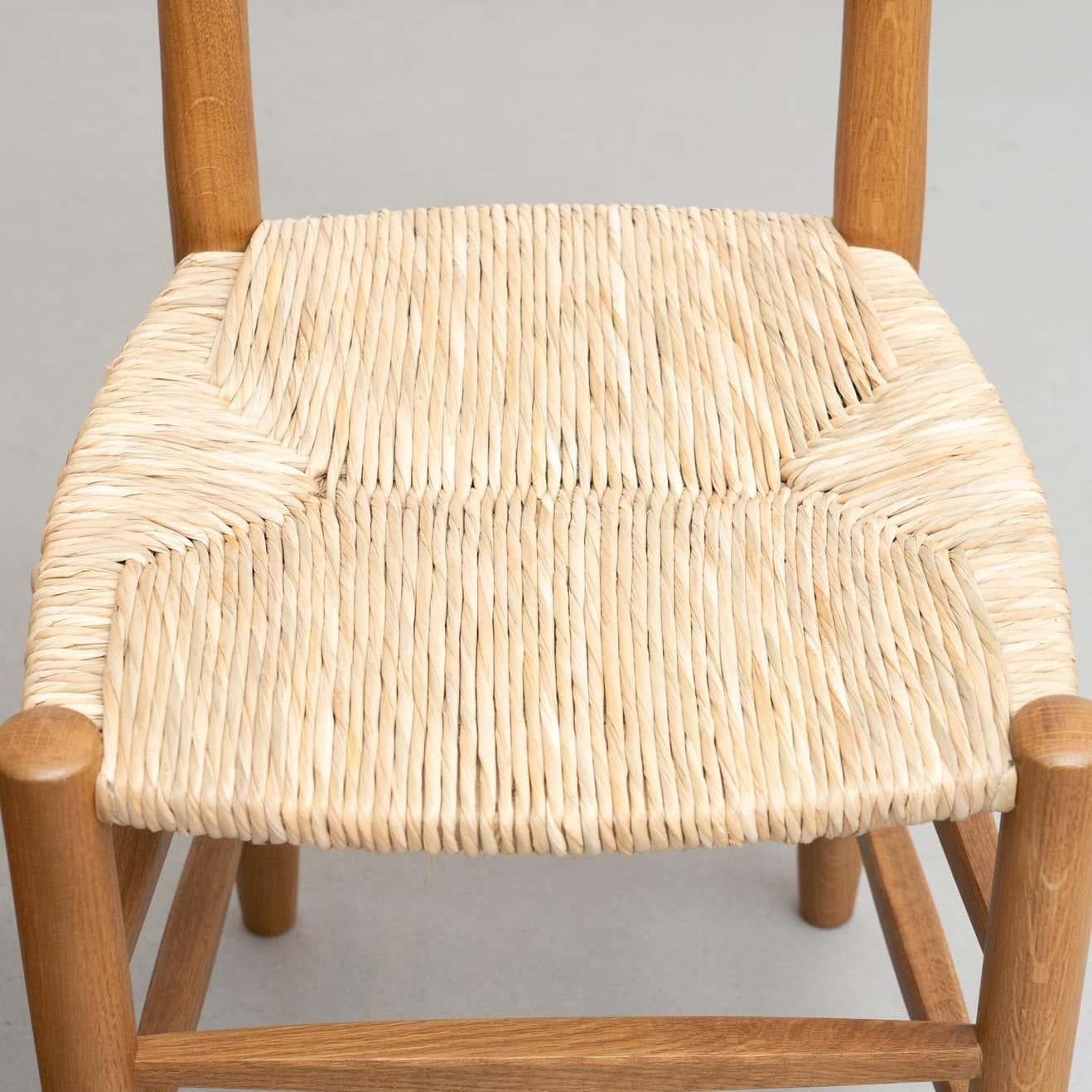 Set of Six After Charlotte Perriand N.19 Chairs, Wood Rattan, Mid-Century Modern For Sale 5
