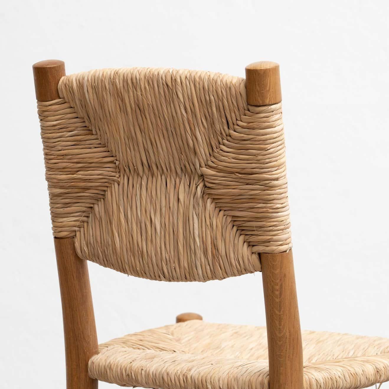 Set of Six After Charlotte Perriand N.19 Chairs, Wood Rattan, Mid-Century Modern For Sale 9