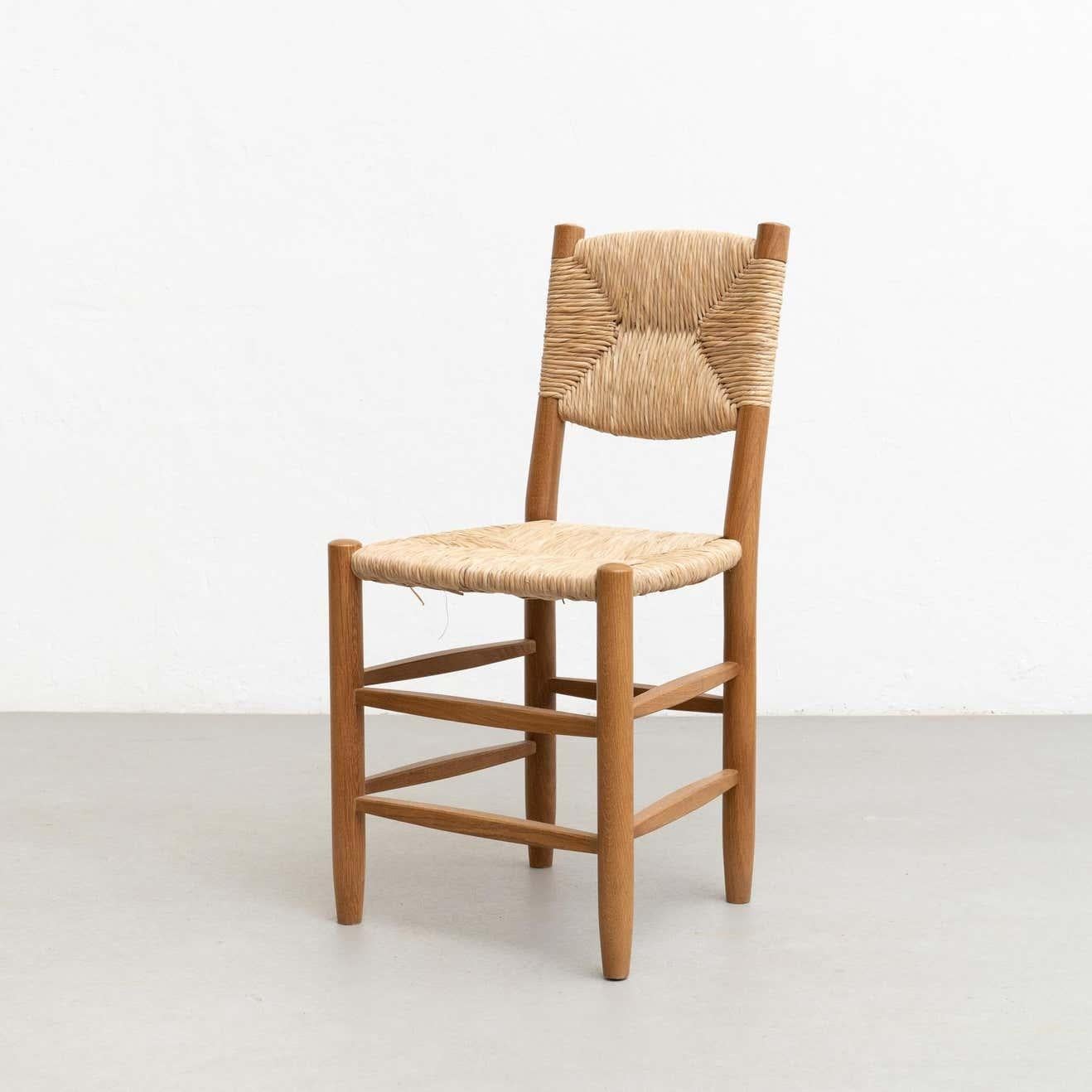 Set of Six After Charlotte Perriand N.19 Chairs, Wood Rattan, Mid-Century Modern For Sale 11