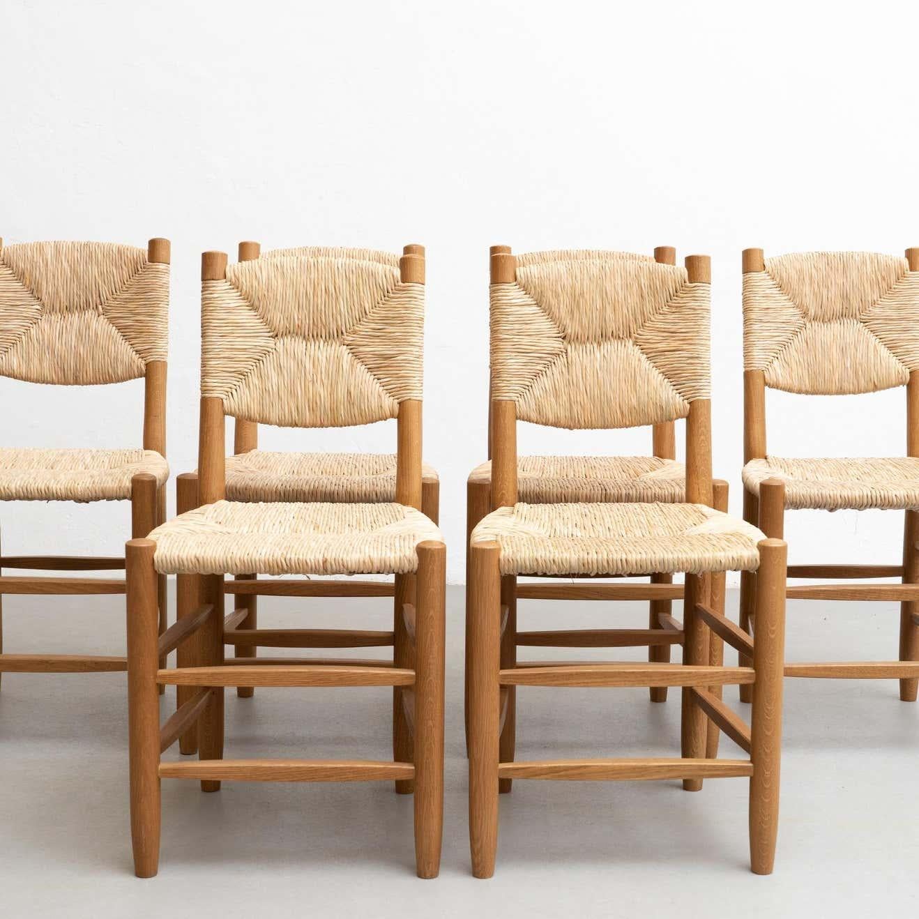 French Set of Six After Charlotte Perriand N.19 Chairs, Wood Rattan, Mid-Century Modern For Sale