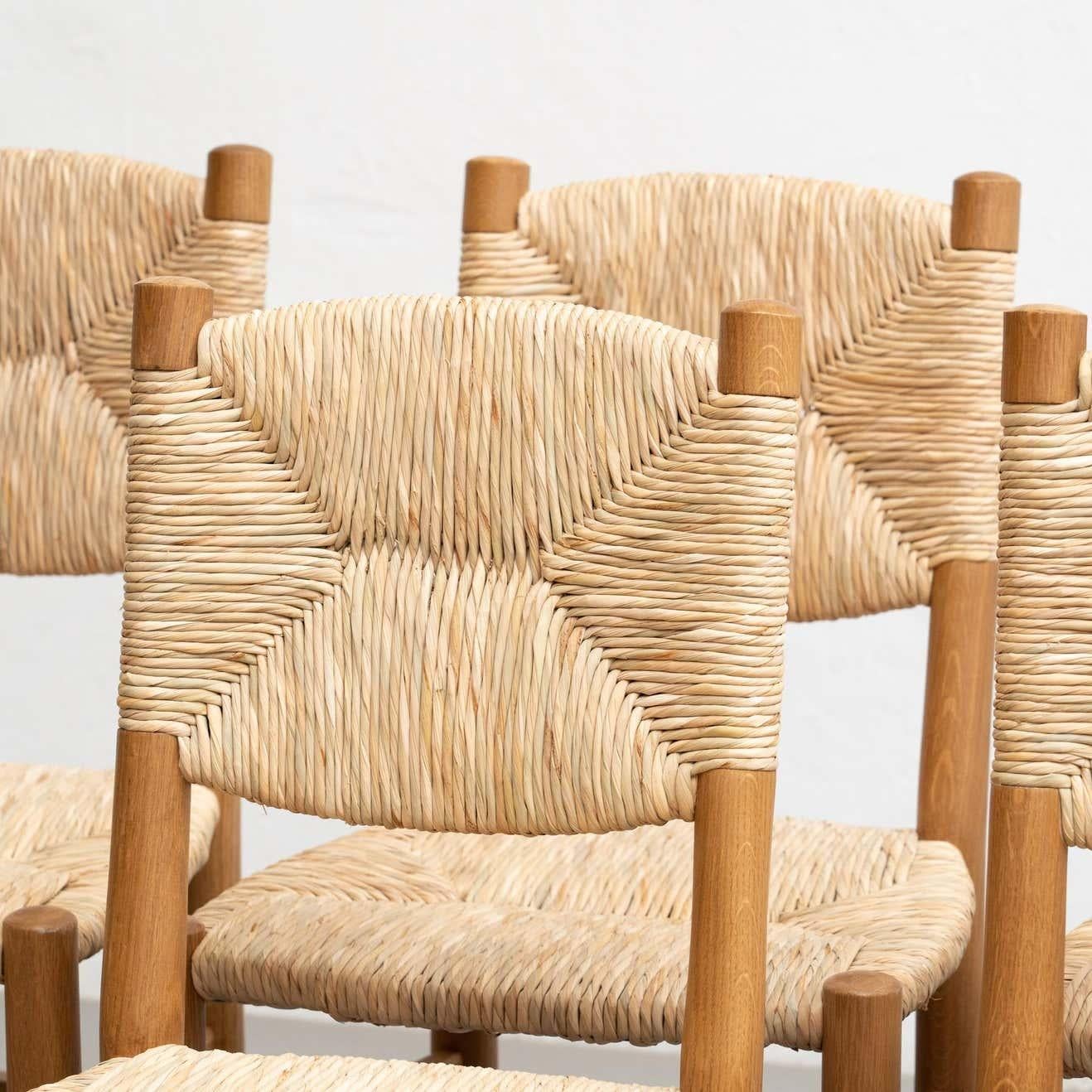 Set of Six After Charlotte Perriand N.19 Chairs, Wood Rattan, Mid-Century Modern In Good Condition For Sale In Barcelona, Barcelona